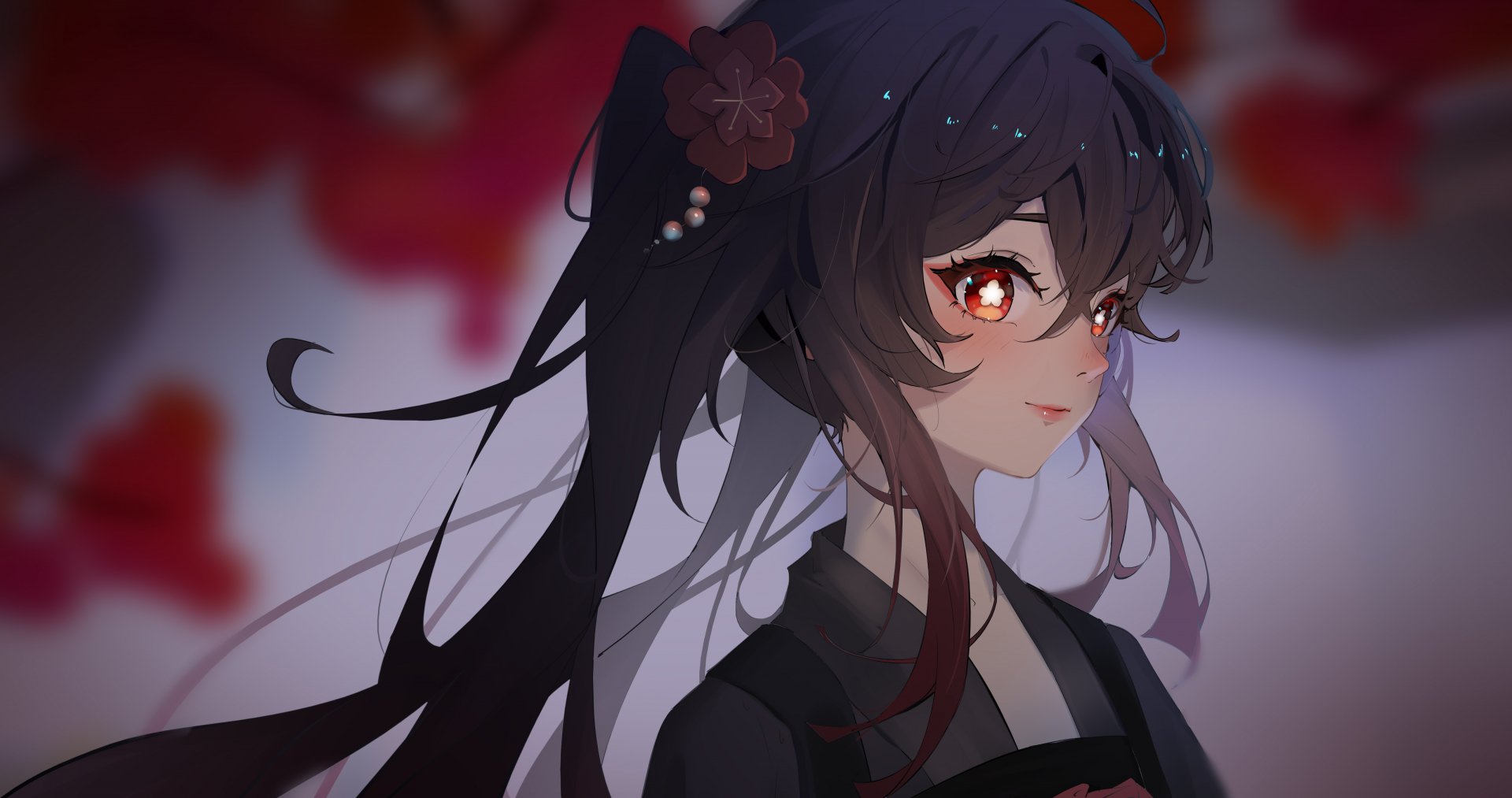 4K Ultra HD PC desktop wallpaper featuring Hu Tao from the video game Genshin Impact with glowing red eyes and dark hair adorned with a floral hairpin.