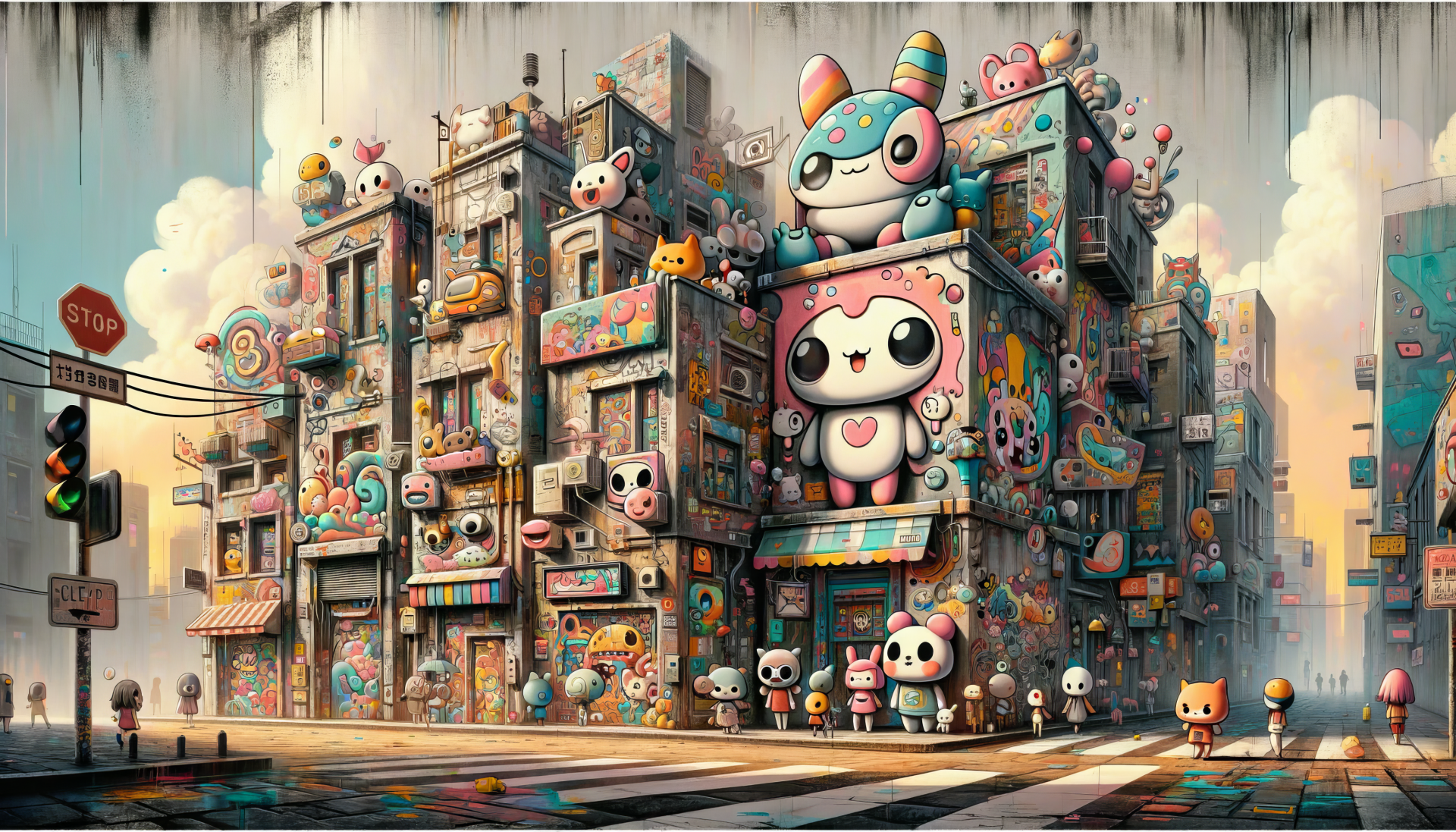 Cute aesthetic HD desktop wallpaper featuring whimsical cartoon cityscape with adorable creatures.