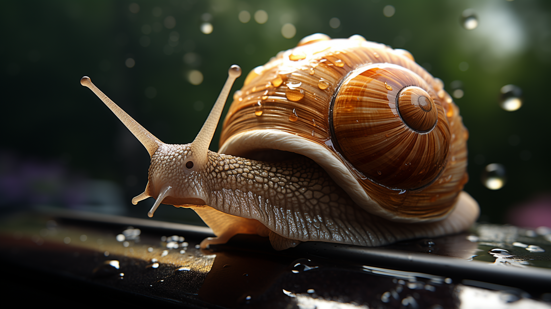 A close-up of a snail with a beautifully patterned shell, glistening with droplets of water, set against a blurred green background. This HD image serves as a stunning desktop wallpaper.