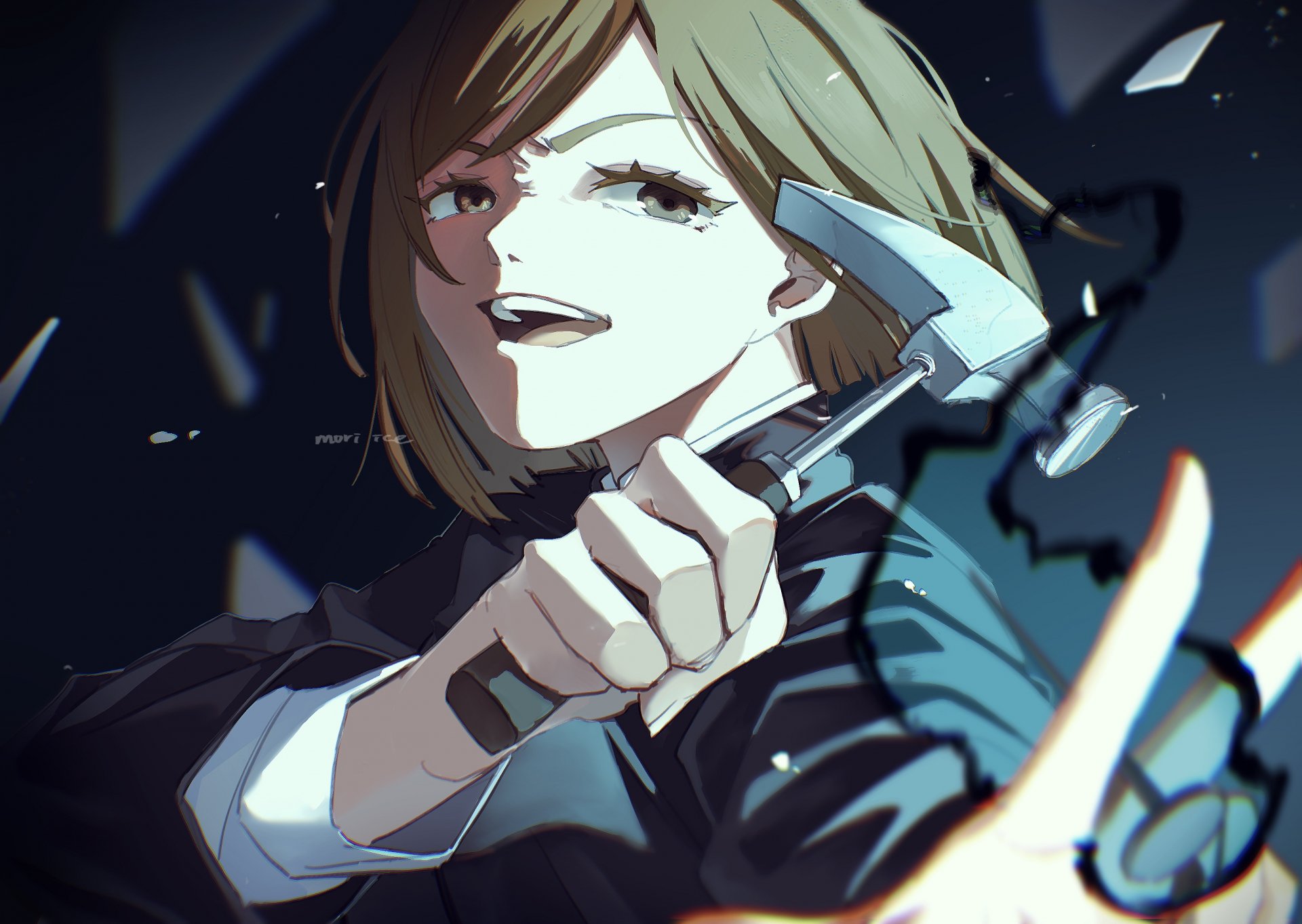 HD PC desktop wallpaper featuring Nobara Kugisaki from the anime Jujutsu Kaisen, holding a hammer with a confident expression amid dynamic lighting effects.