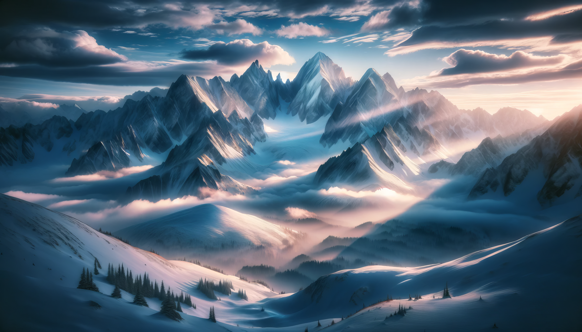 HD desktop wallpaper featuring a tranquil scene with majestic snowy mountains and serene clouds at twilight.