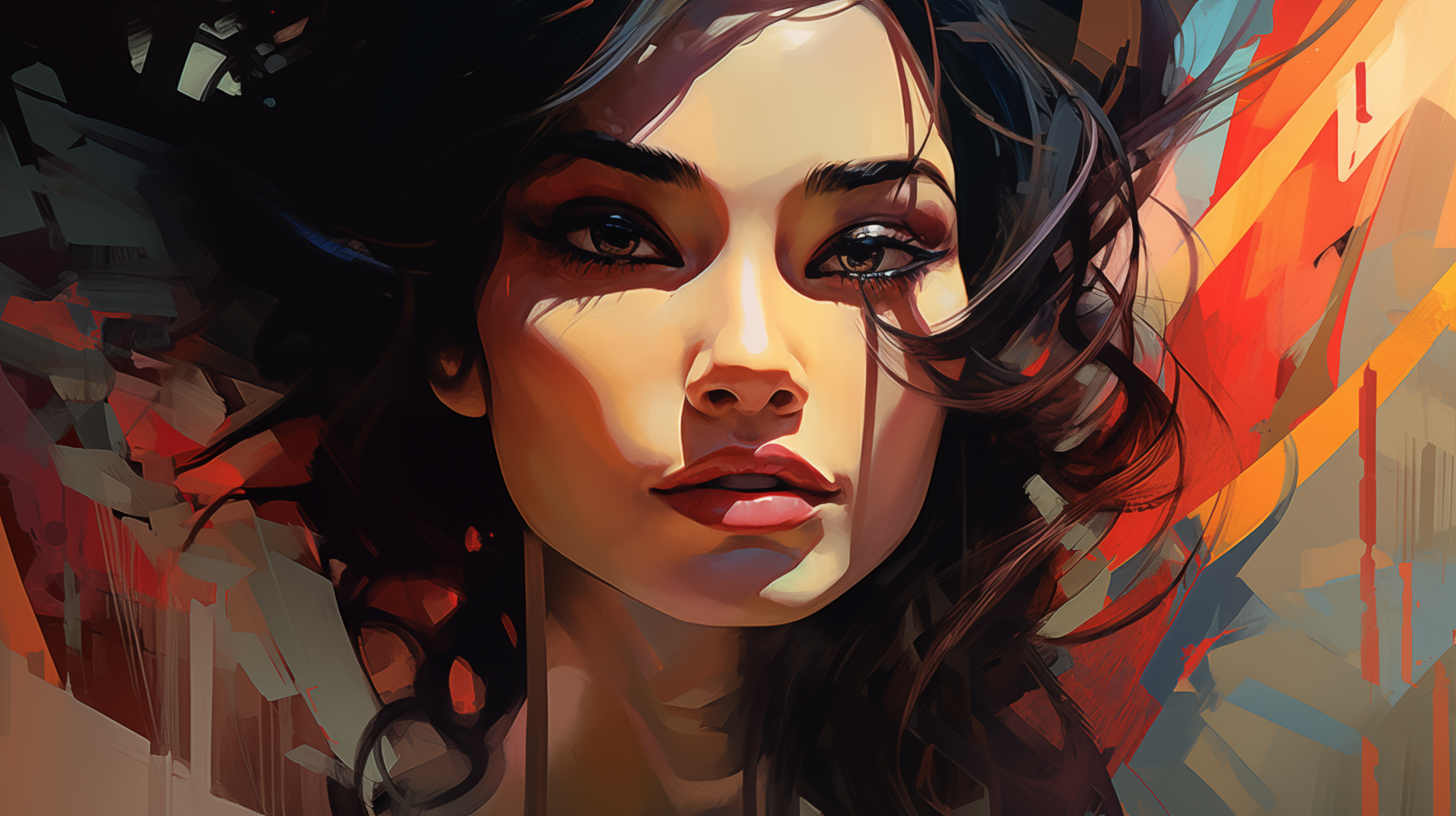 HD modern art desktop wallpaper featuring a stylized portrait of a woman with vibrant colors and abstract elements.