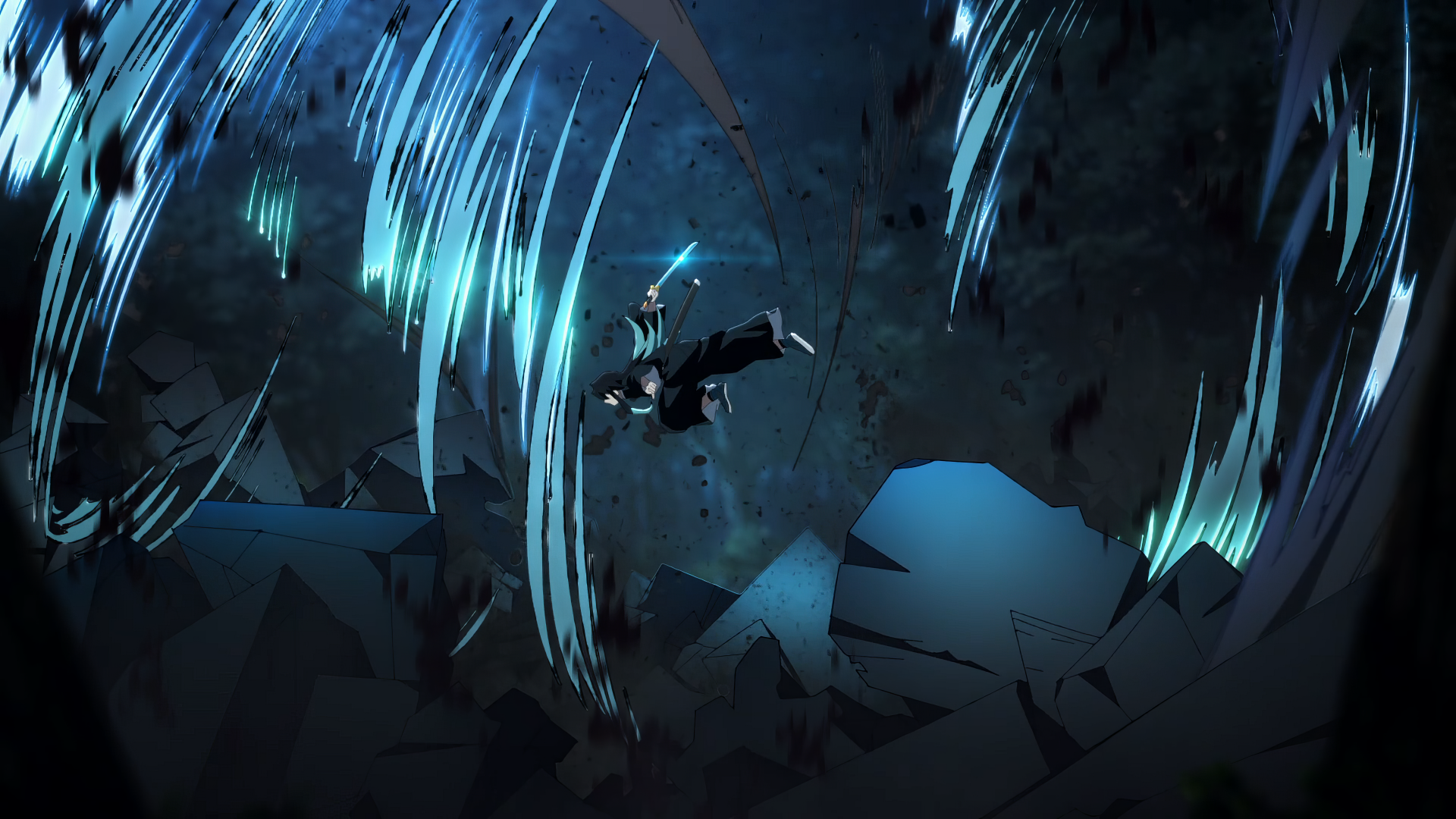 HD anime desktop wallpaper from Demon Slayer: Kimetsu no Yaiba featuring an intense battle scene in a dark, forested area with dynamic action and vivid blue tones.
