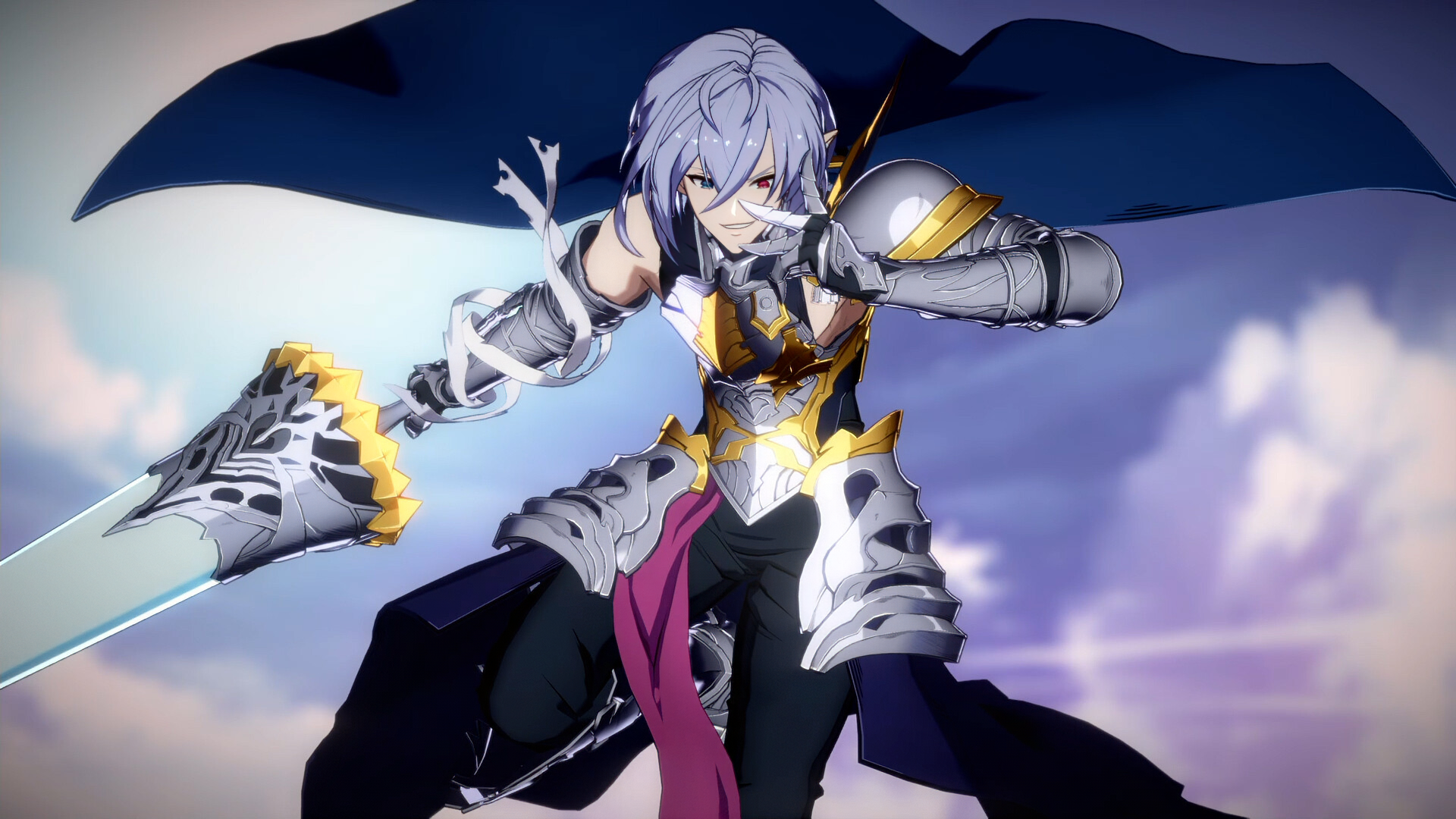 Granblue Fantasy Versus: Rising HD wallpaper featuring a dynamic pose of a silver-haired anime character with golden armor and gauntlets against a sky backdrop.