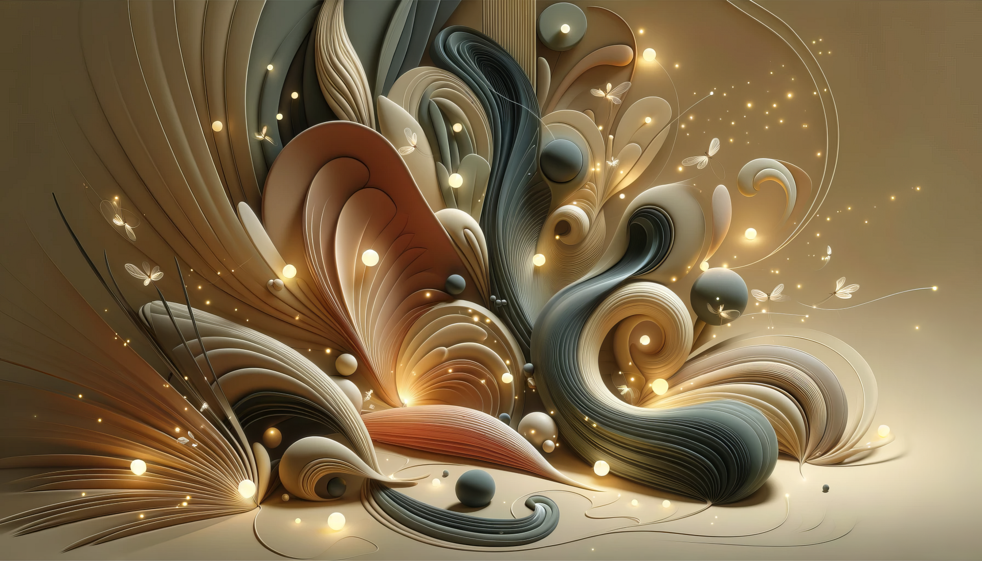 HD desktop wallpaper featuring abstract art with swirling patterns and firefly-like light accents in warm tones.