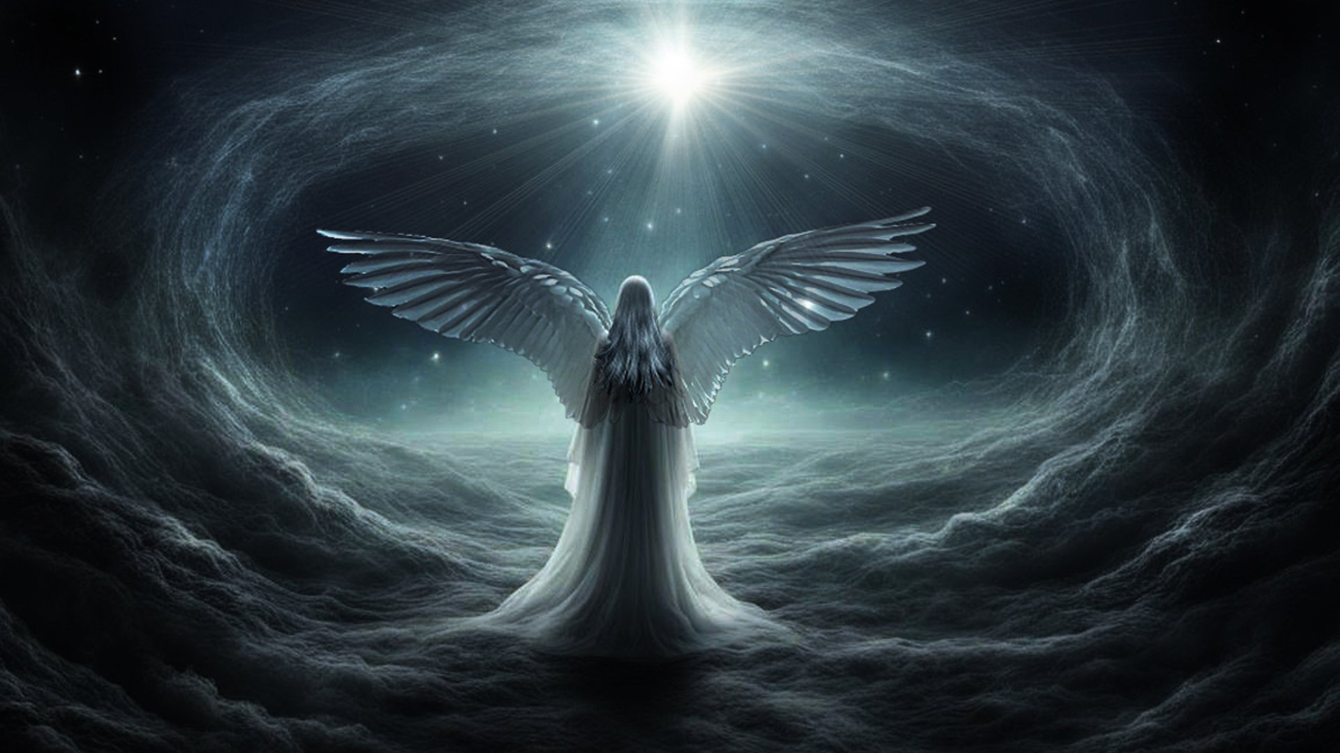 A divine angel with outstretched wings stands amid swirling clouds beneath radiant light in a fantasy sky, crafted as an HD PC desktop wallpaper.