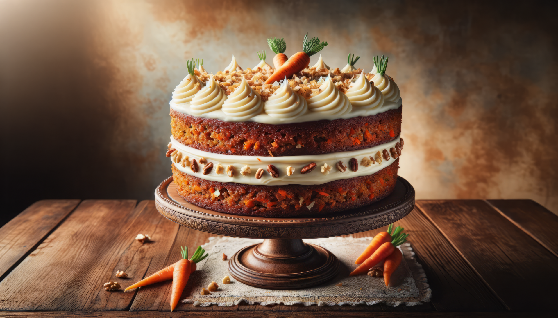 A beautifully decorated carrot cake with cream cheese frosting and garnished with mini carrots sits on an elegant cake stand, set against a warm, softly lit background.