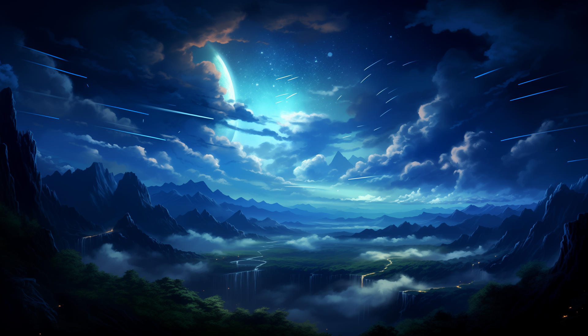 HD anime-style AI art illustration of a dramatic night sky with glowing clouds, a distant planet, and mountain silhouettes, designed as a captivating PC desktop wallpaper.