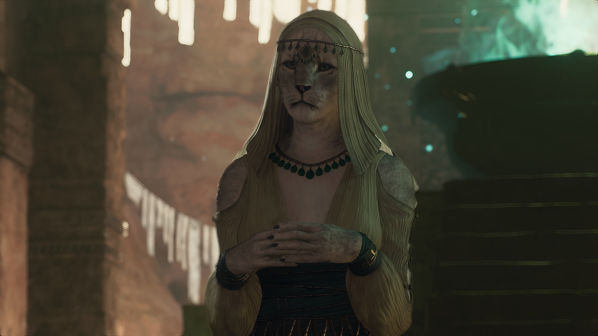 A stunning HD desktop wallpaper from Dragon's Dogma 2, featuring a mystical character with feline features, adorned in elegant jewelry, set against an enchanting fantasy backdrop.