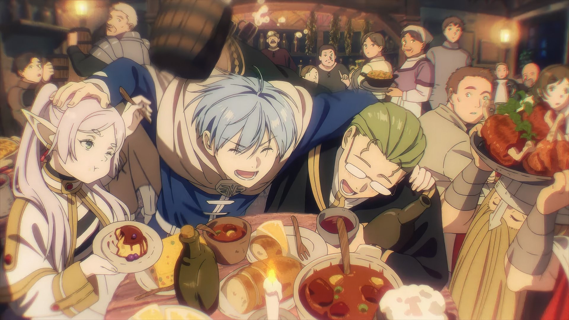 A lively feast scene from Frieren: Beyond Journey's End anime, showcasing characters enjoying food in warm, detailed 4K Ultra HD background style.