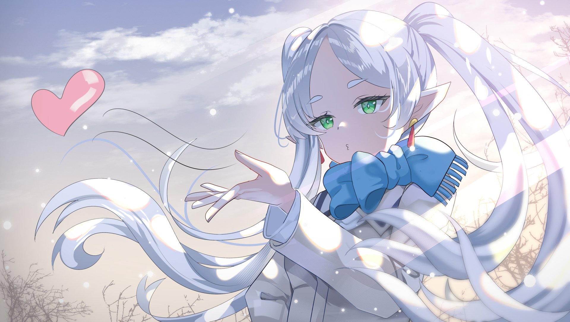 HD PC desktop wallpaper featuring an anime character from Frieren: Beyond Journey's End with long white hair, green eyes, and a blue ribbon under a cloudy sky.