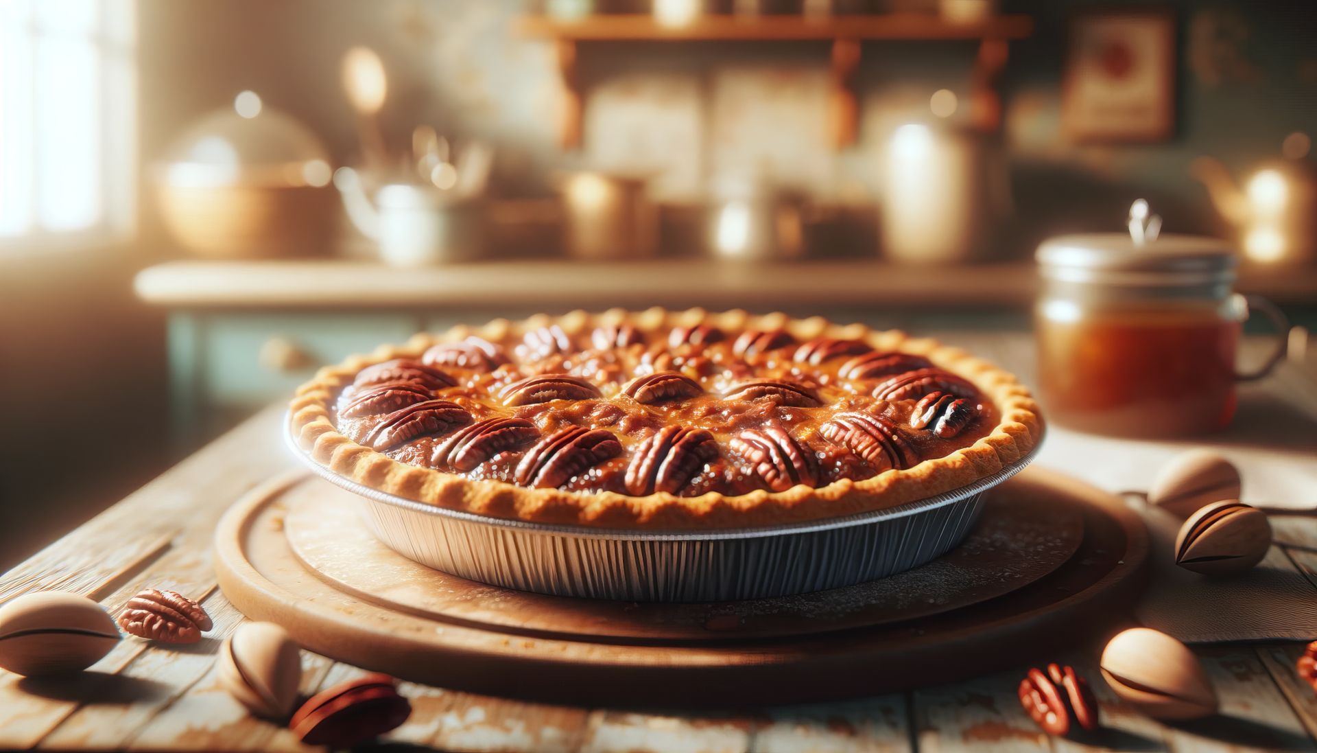 HD wallpaper of a freshly baked pecan pie on a wooden table with a cozy kitchen background.