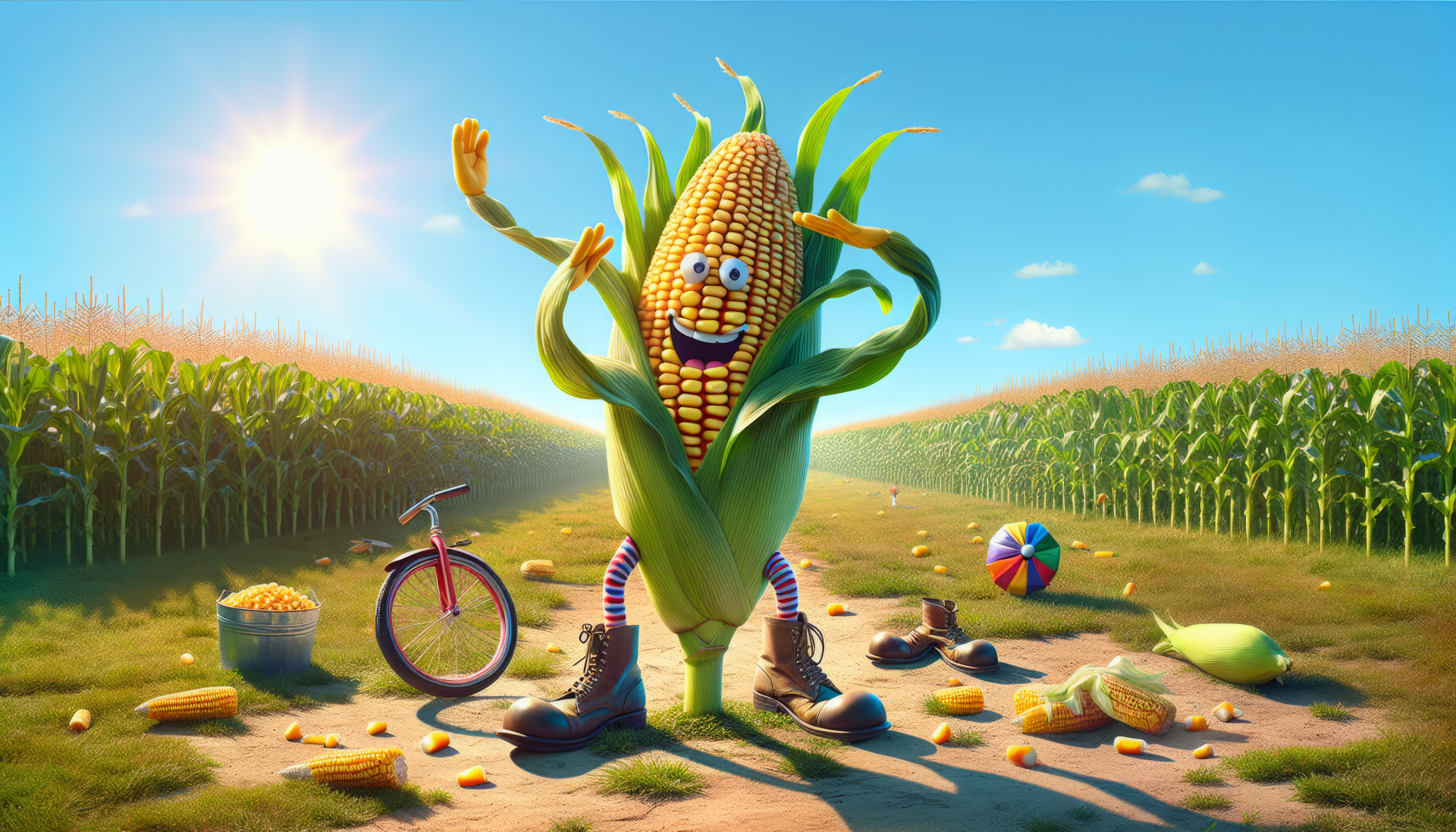 A cheerful animated cornstalk character strikes a playful pose in a sunny cornfield, surrounded by vibrant colors and playful props, creating a lively HD desktop wallpaper.