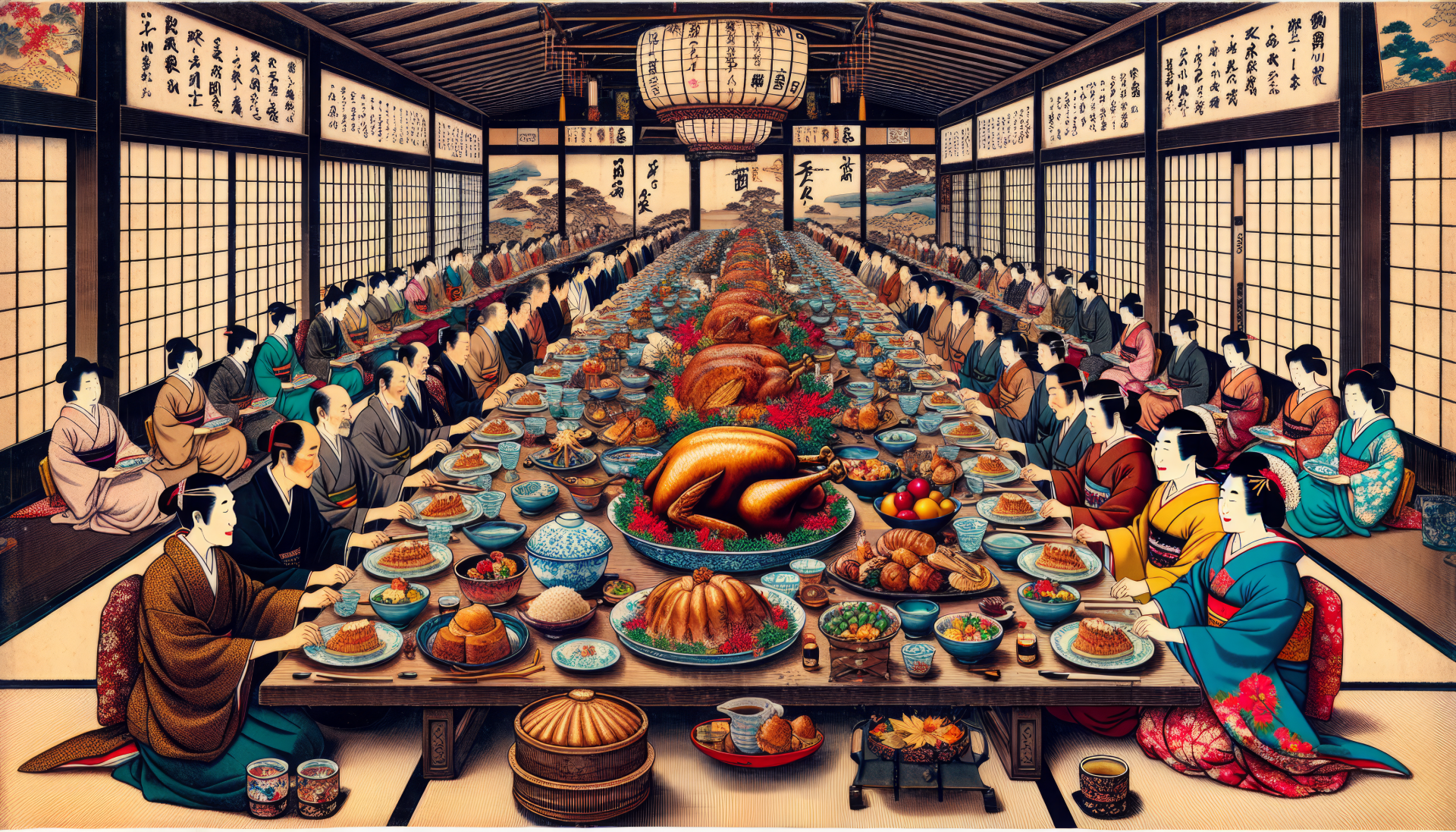 HD desktop wallpaper featuring a traditional feast with elegantly dressed individuals in a detailed banquet hall setting.