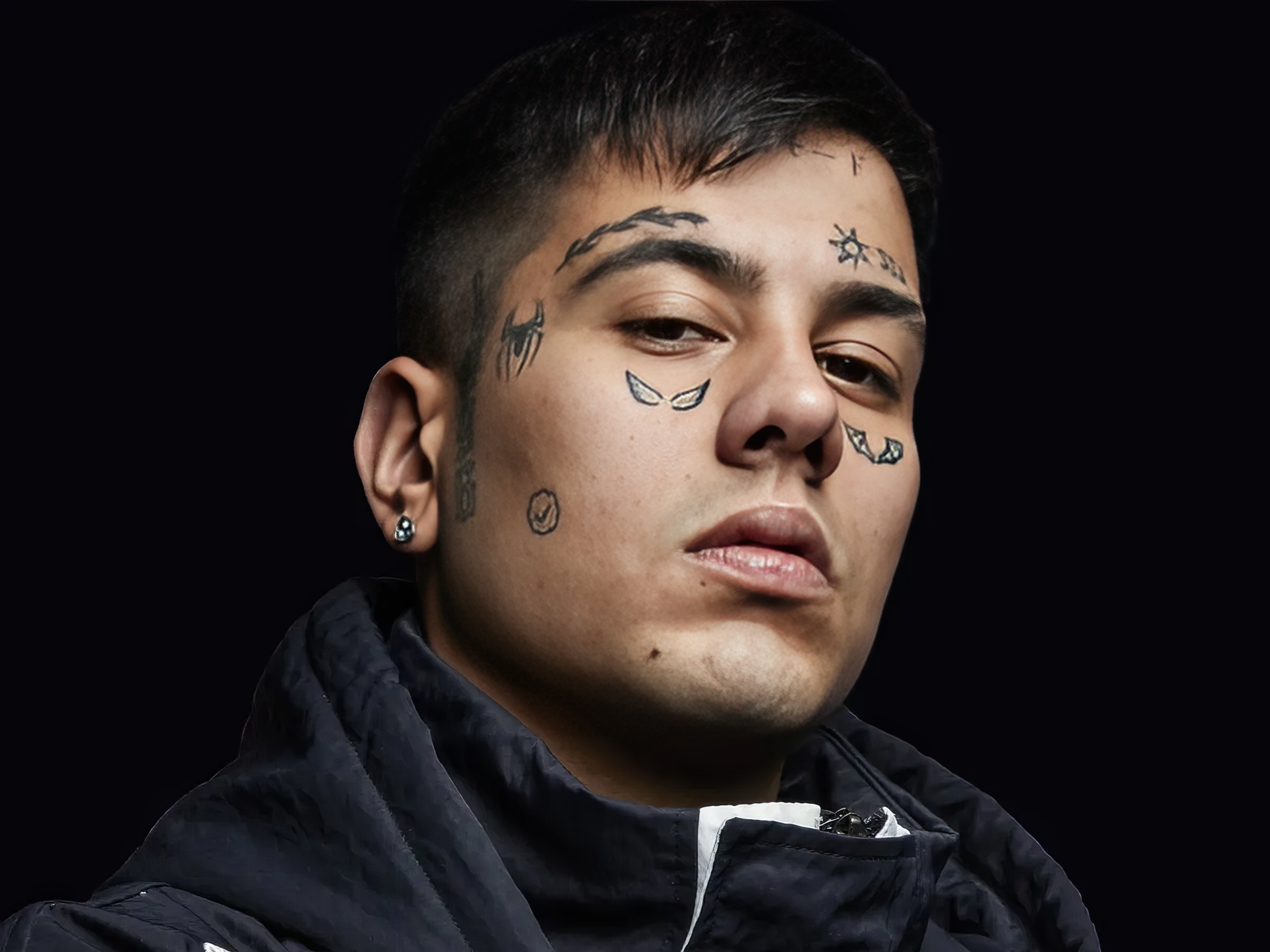 HD desktop wallpaper featuring a close-up of a person with distinctive facial tattoos and a black jacket, tagged with Duki.