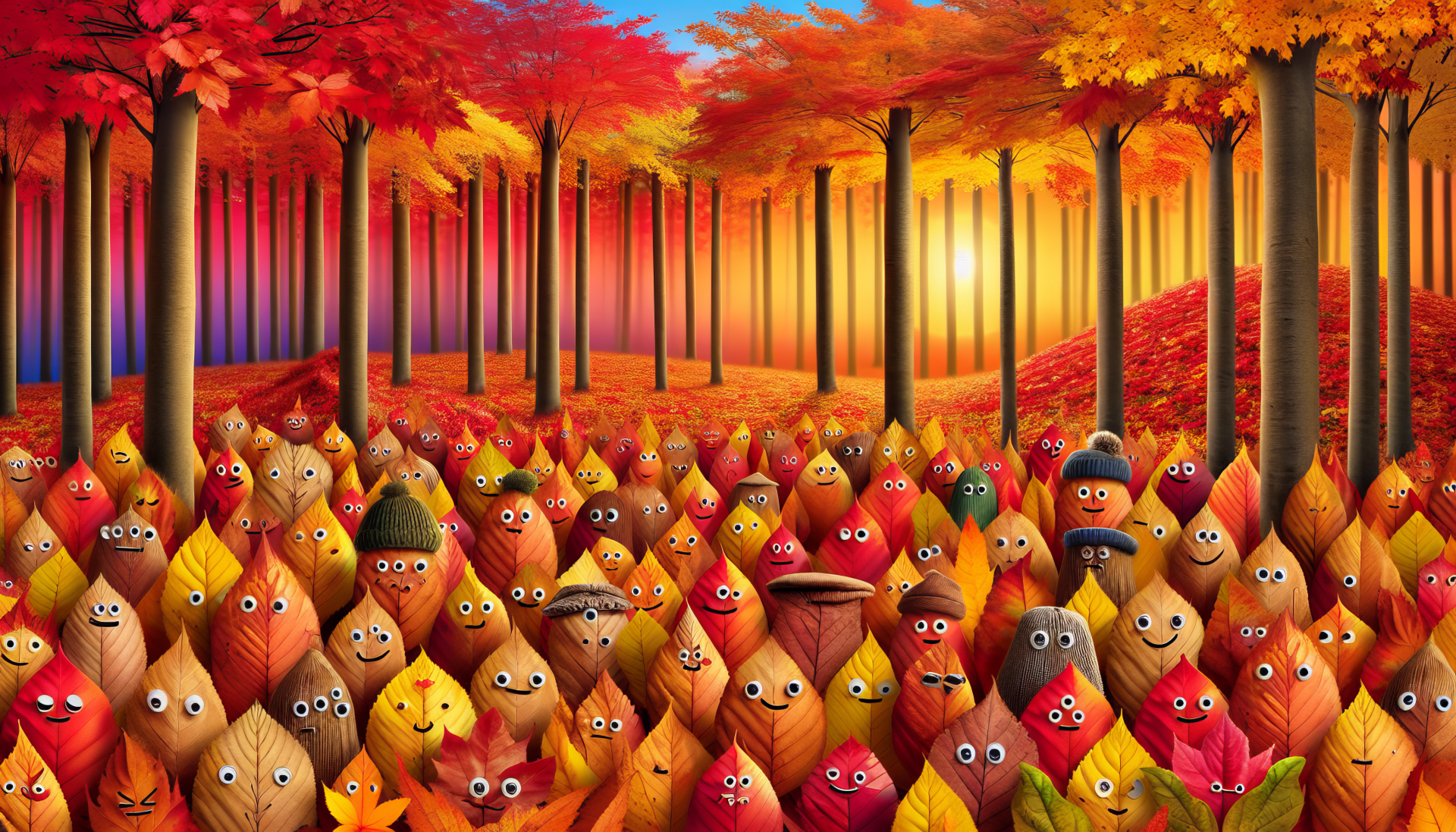 HD desktop wallpaper featuring animated fall leaves with cute faces set against a vibrant forest with the sun shining through the trees.