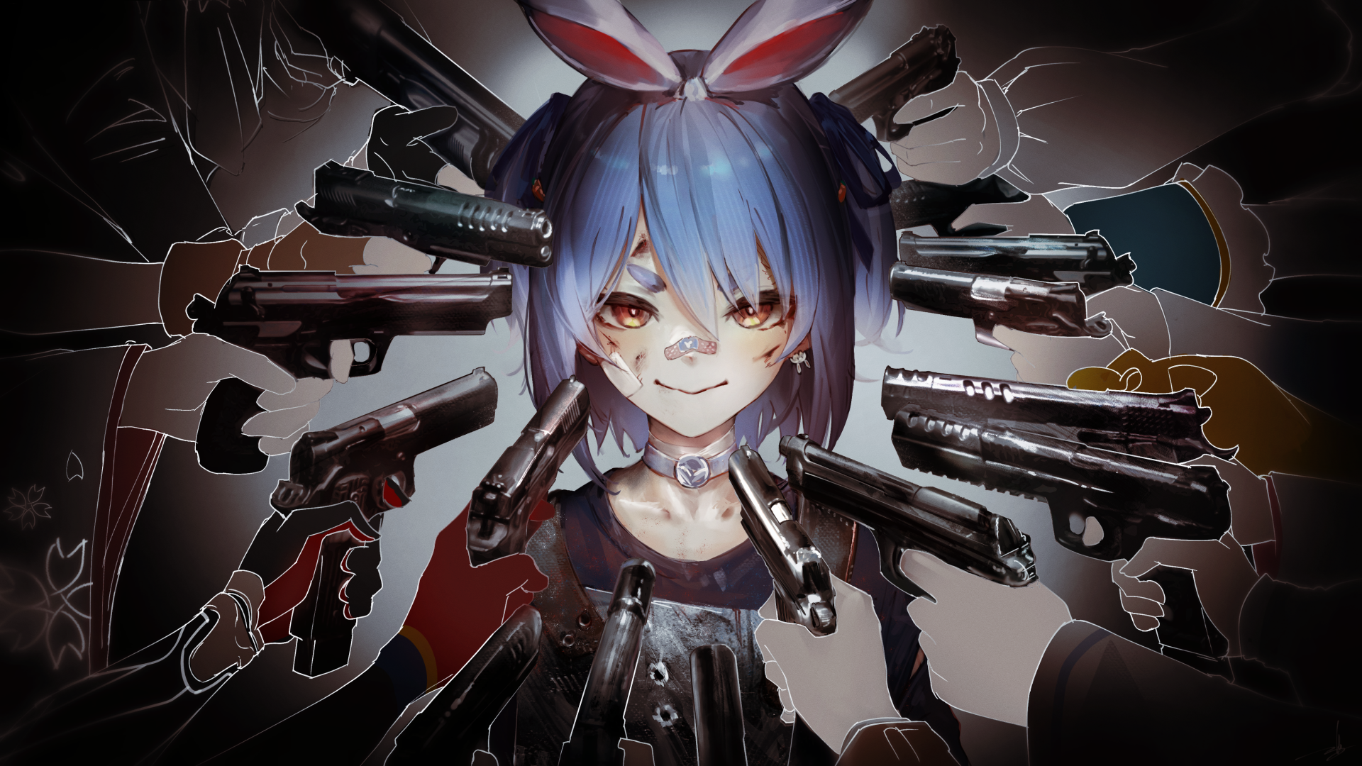 4K Ultra HD anime wallpaper featuring Usada Pekora, the blue-haired virtual YouTuber girl from hololive, surrounded by multiple hands holding guns.