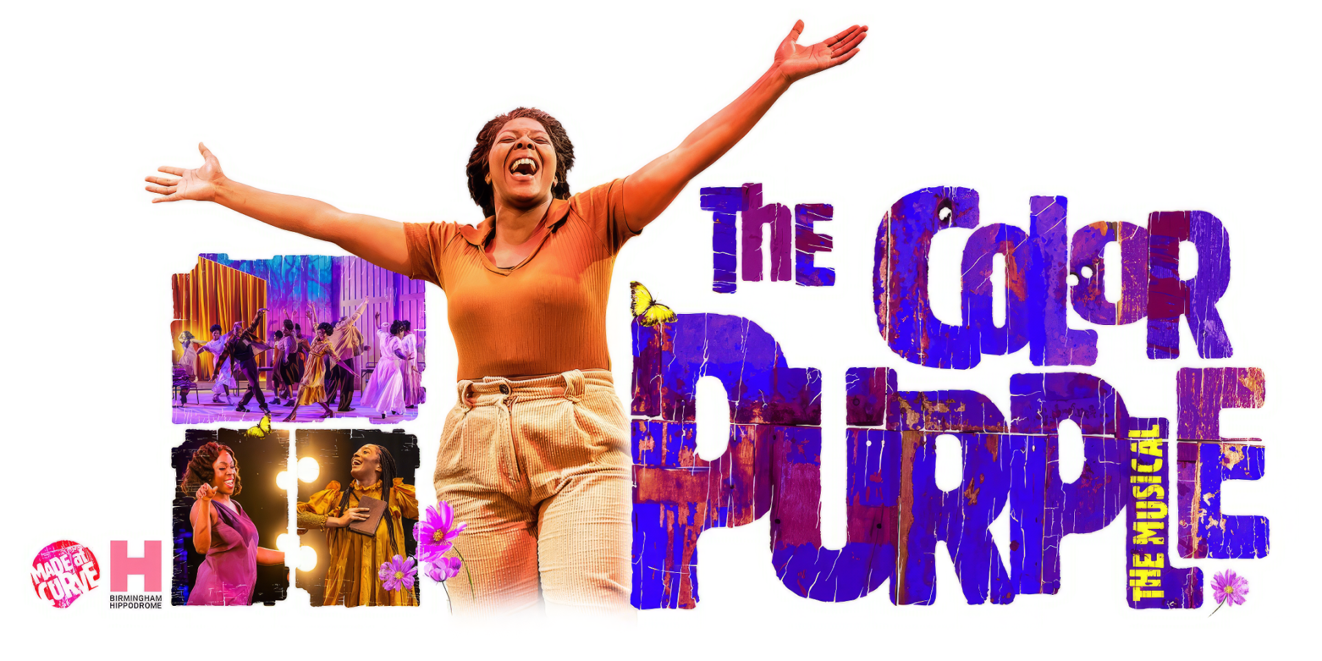 HD desktop wallpaper for The Color Purple (2023) featuring dynamic scenes and the joyous central character with arms outstretched, surrounded by vibrant typographic design.