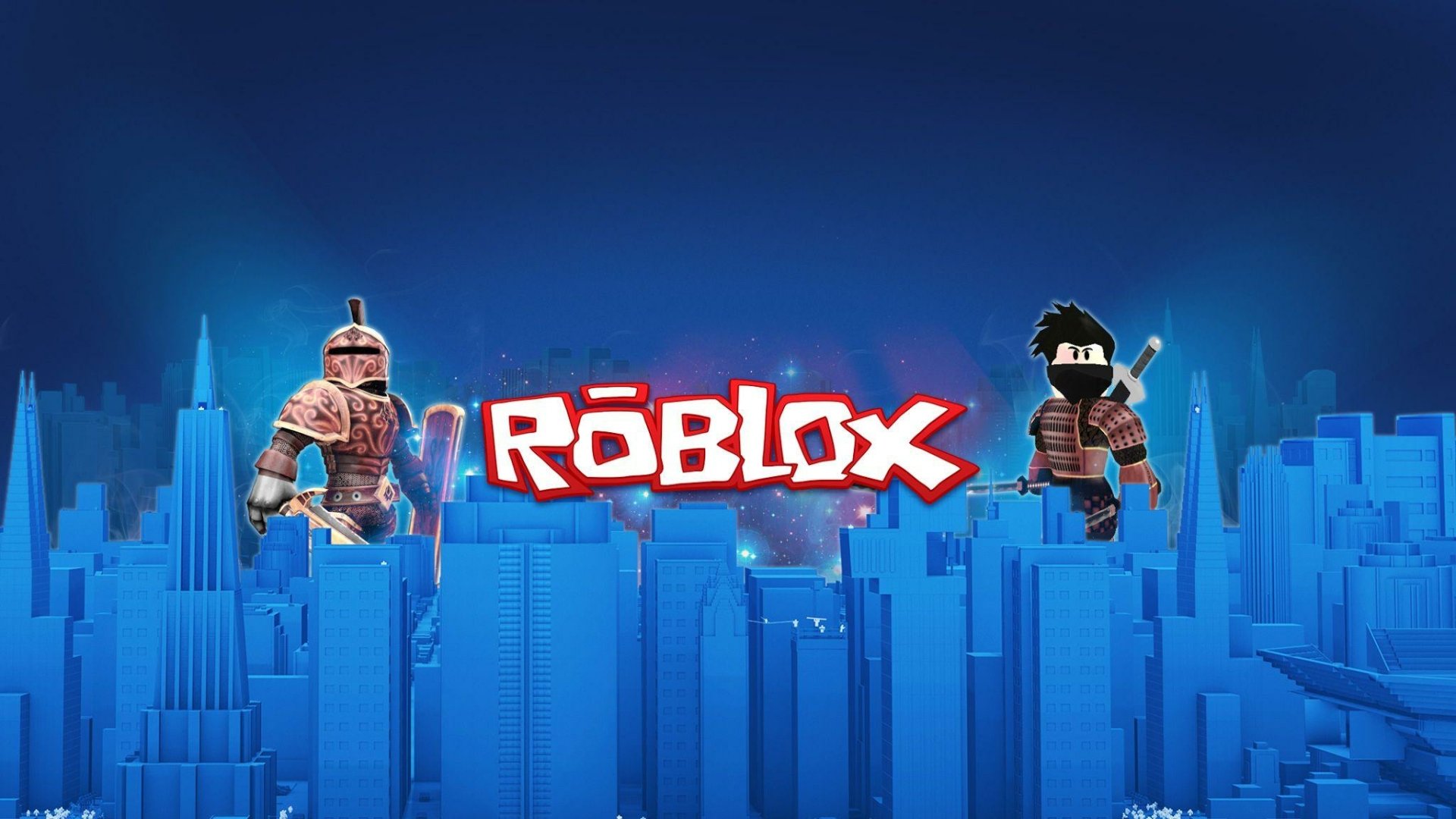 HD Roblox desktop wallpaper featuring two avatars poised for adventure amid a stylized blue cityscape with the bold Roblox logo in the center.