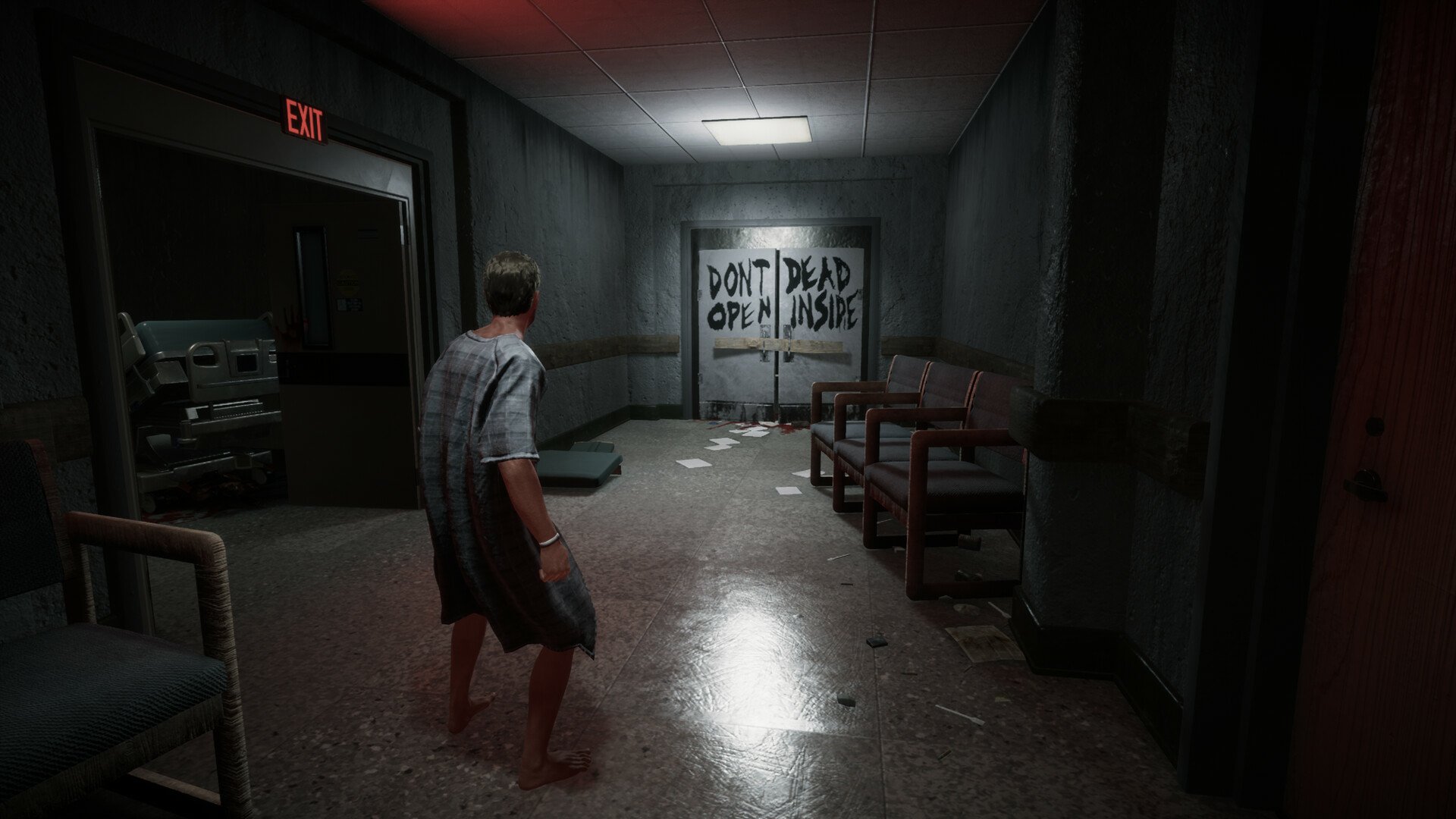 HD desktop wallpaper featuring a scene from the video game The Walking Dead: Destinies, with a character cautiously approaching a door marked 'DON'T DEAD OPEN INSIDE' in a dimly lit, abandoned hallway.