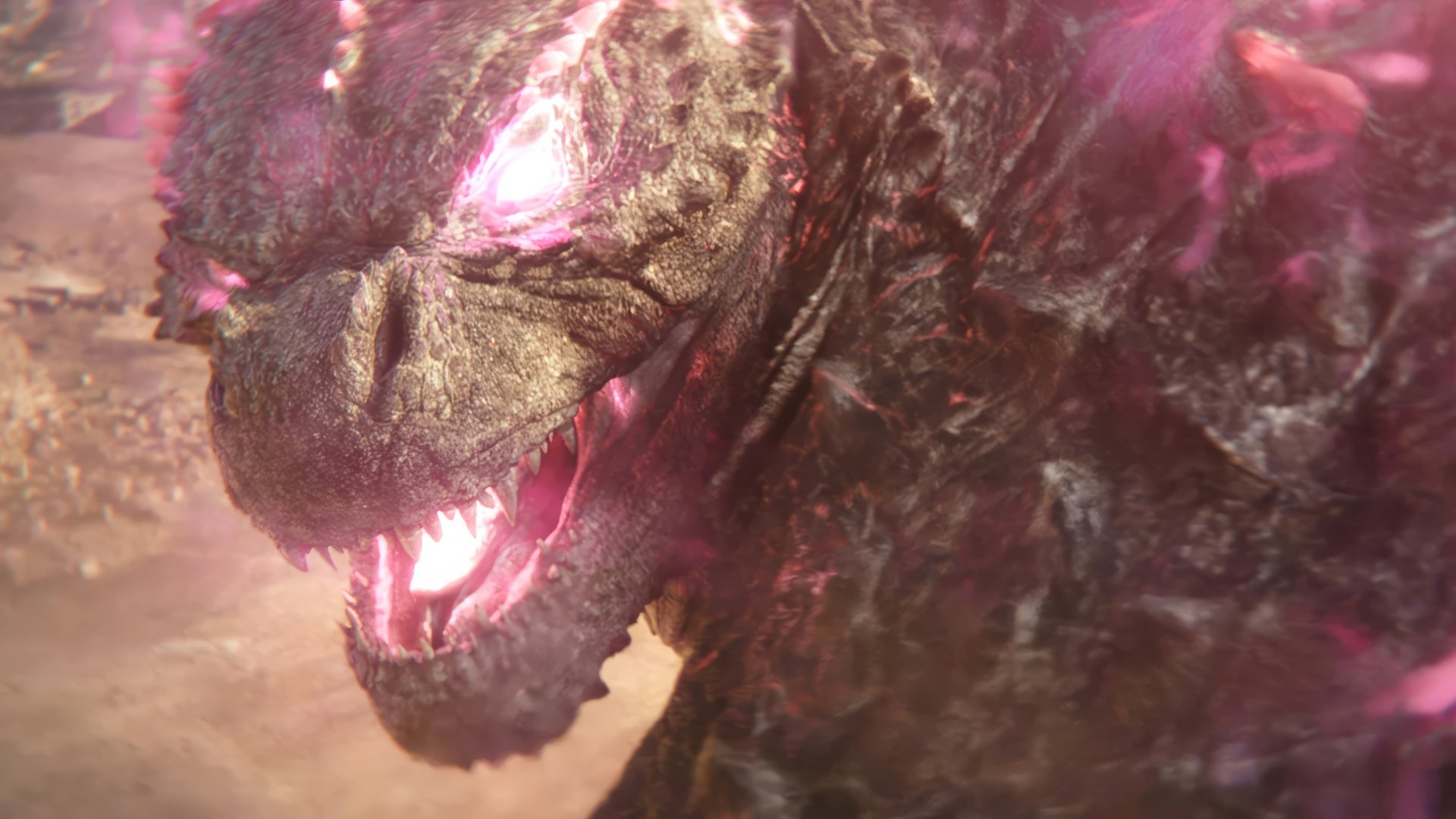 An intense close-up of Godzilla from Godzilla x Kong: The New Empire, showcasing its powerful presence with glowing eyes and fierce expression. High-definition wallpaper for fans.