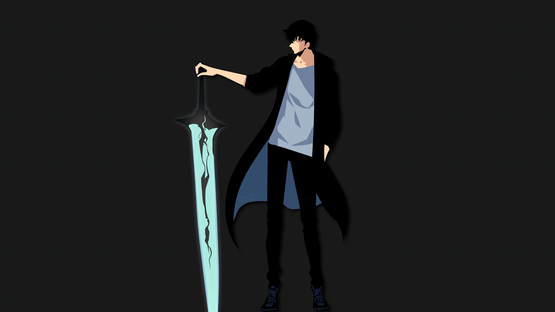 HD desktop wallpaper featuring Sung Jin-Woo from Solo Leveling anime, depicted with a glowing sword on a dark background.