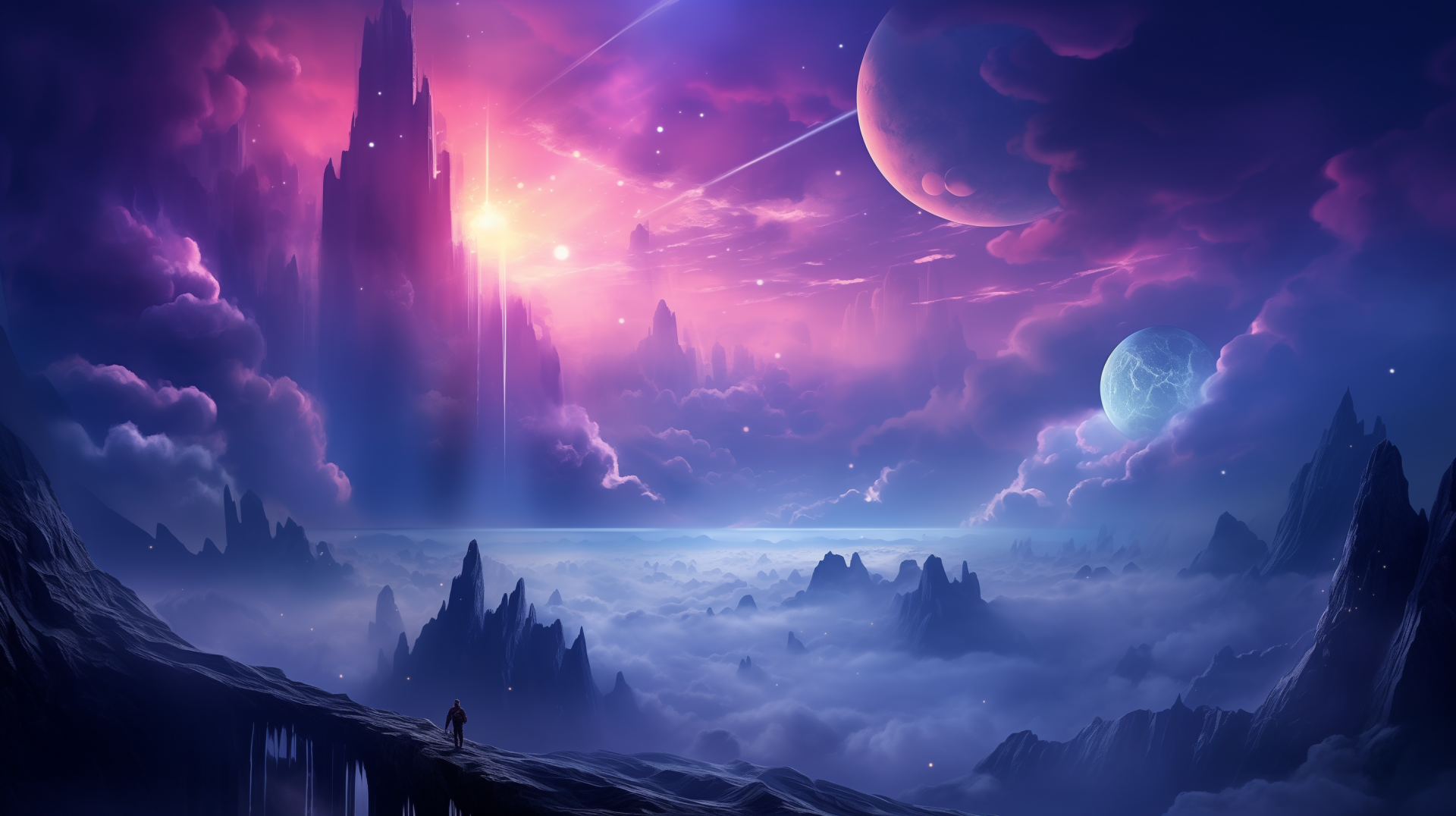 HD wallpaper depicting a sci-fi alien world with a violet and blue nebula sky, cosmic elements, and otherworldly landscape tagged as spacedream, nebulaart, and cosmicwallpaper.