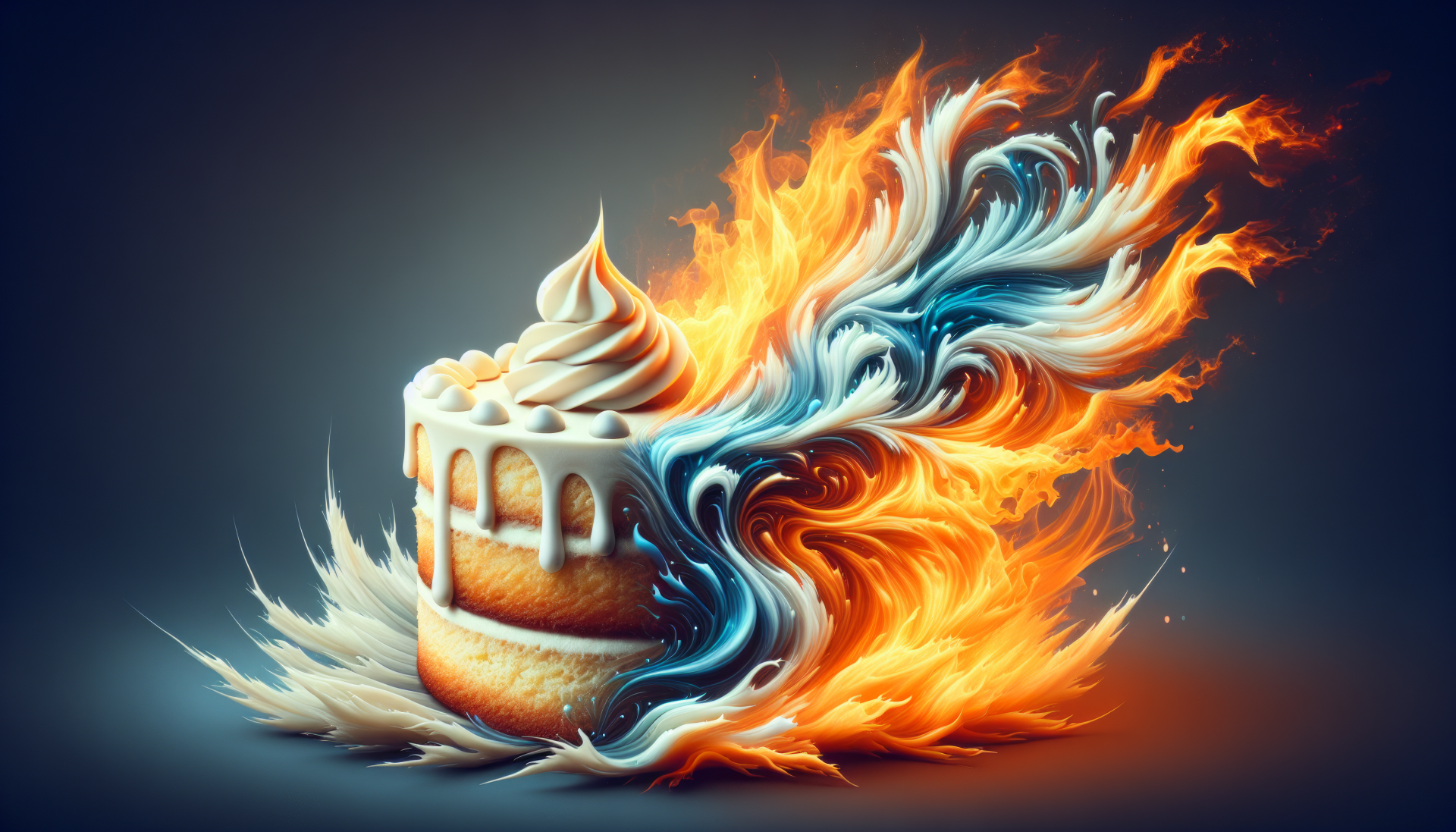 HD desktop wallpaper featuring an artistic vanilla cake with a dynamic fire and ice design.