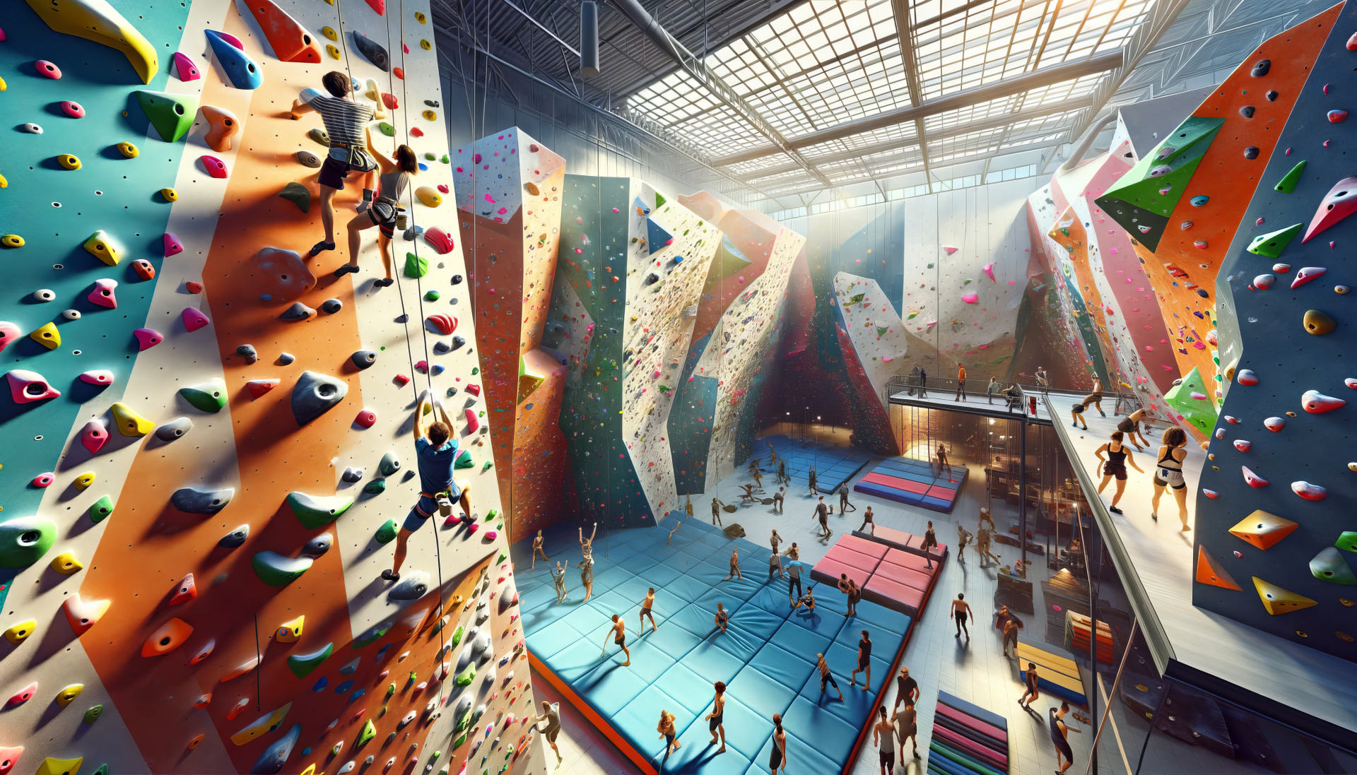Vibrant HD desktop wallpaper featuring a bustling indoor climbing gym with colorful climbing walls and people enjoying the activity.