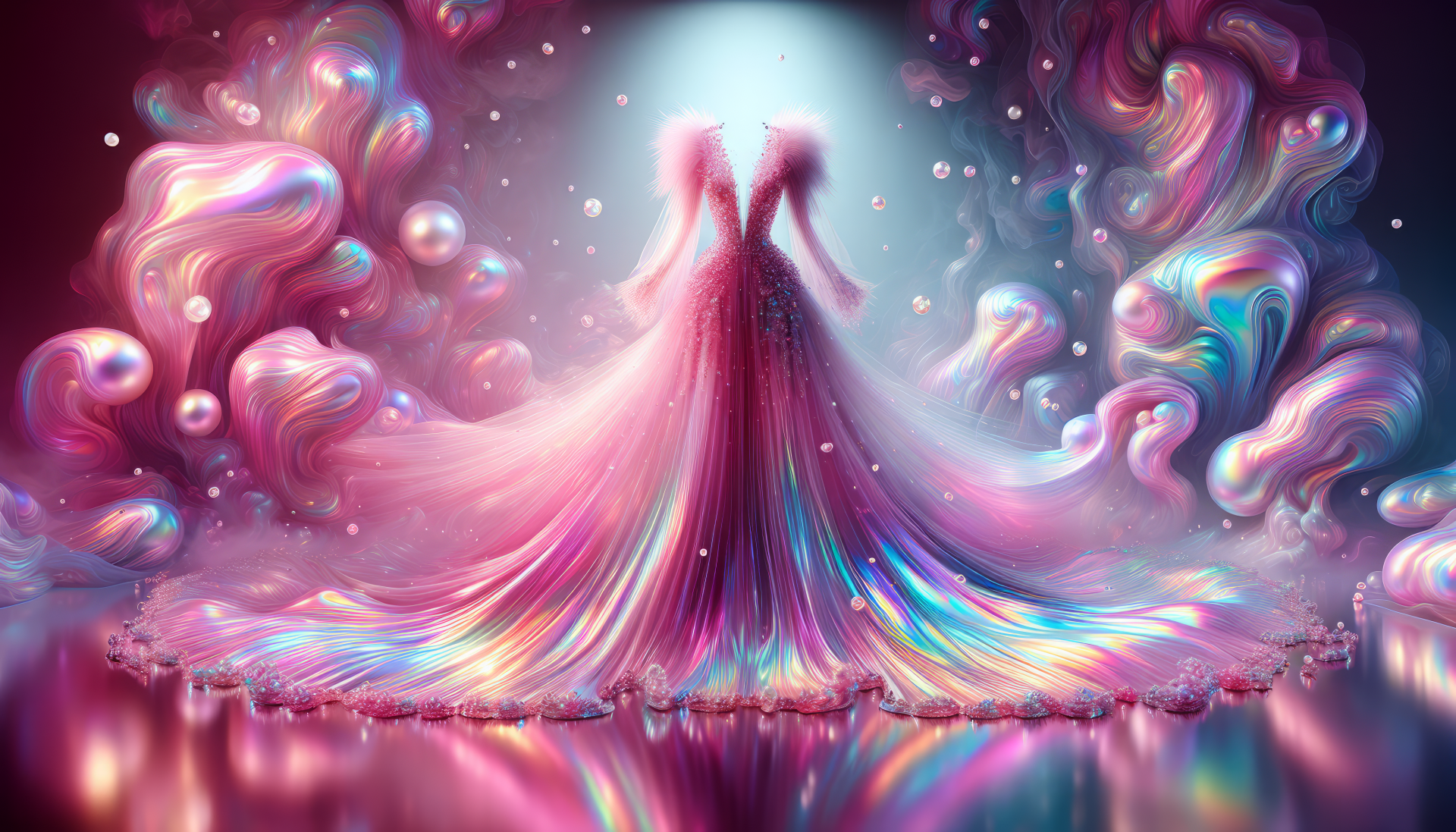 Ethereal HD desktop wallpaper featuring an artistic representation of a flowing pink dress amidst a colorful, dreamlike background.