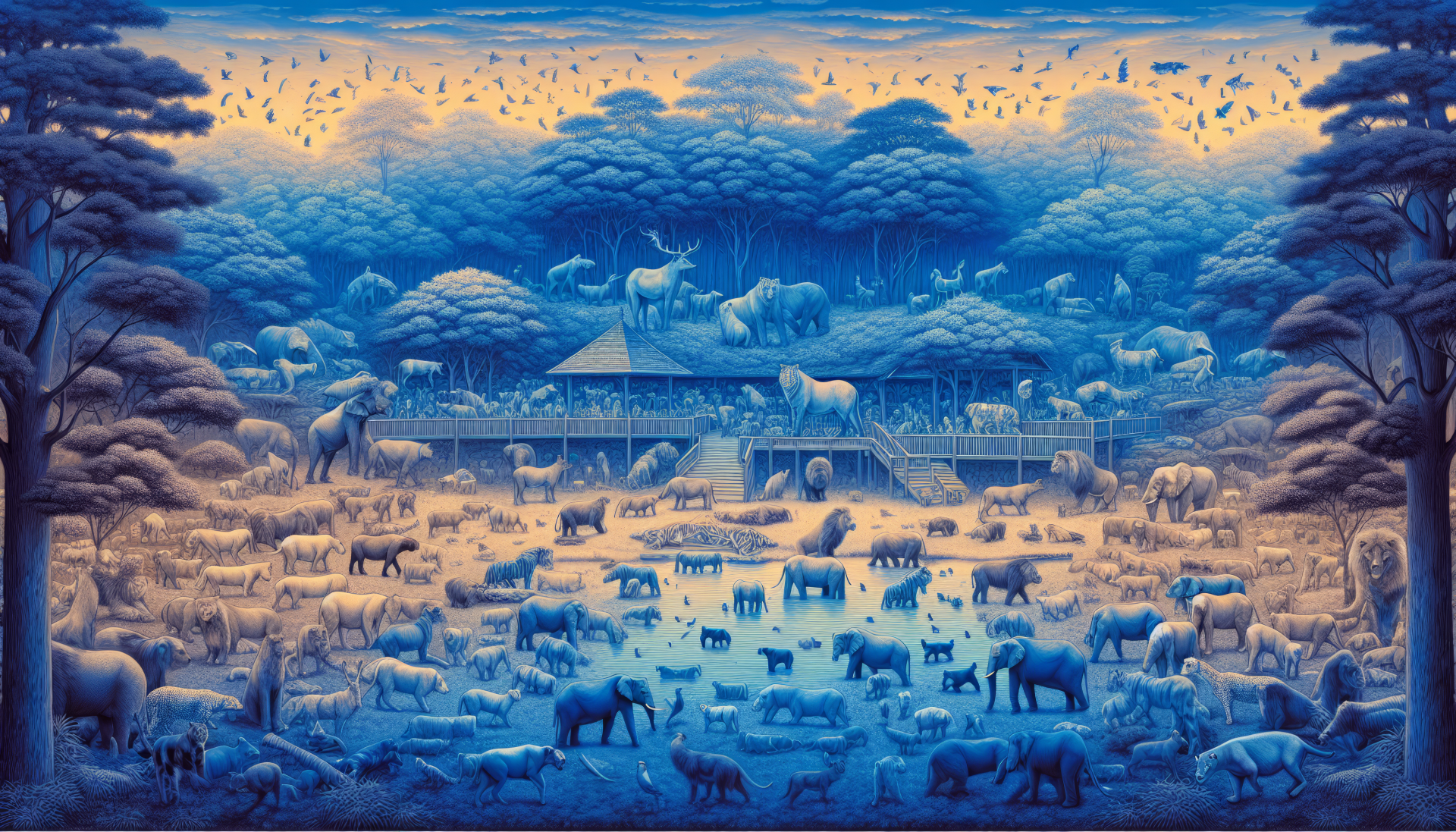HD desktop wallpaper featuring a stylized blue zoo with various animals and trees, exuding a serene, dreamlike ambiance.