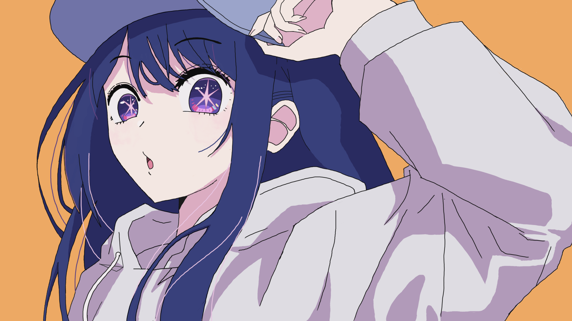 4K Ultra HD anime wallpaper featuring Ai Hoshino from Oshi no Ko with striking purple eyes and dark blue hair, set against a simple orange background.
