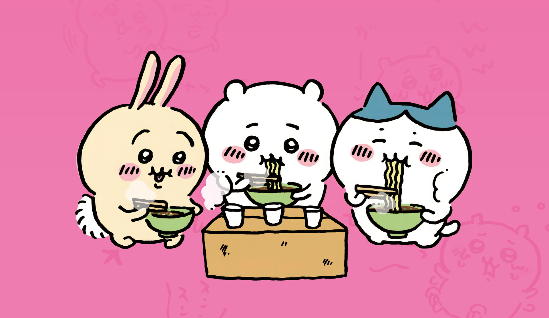 Chiikawa anime characters enjoying ramen, cute HD desktop wallpaper and background.