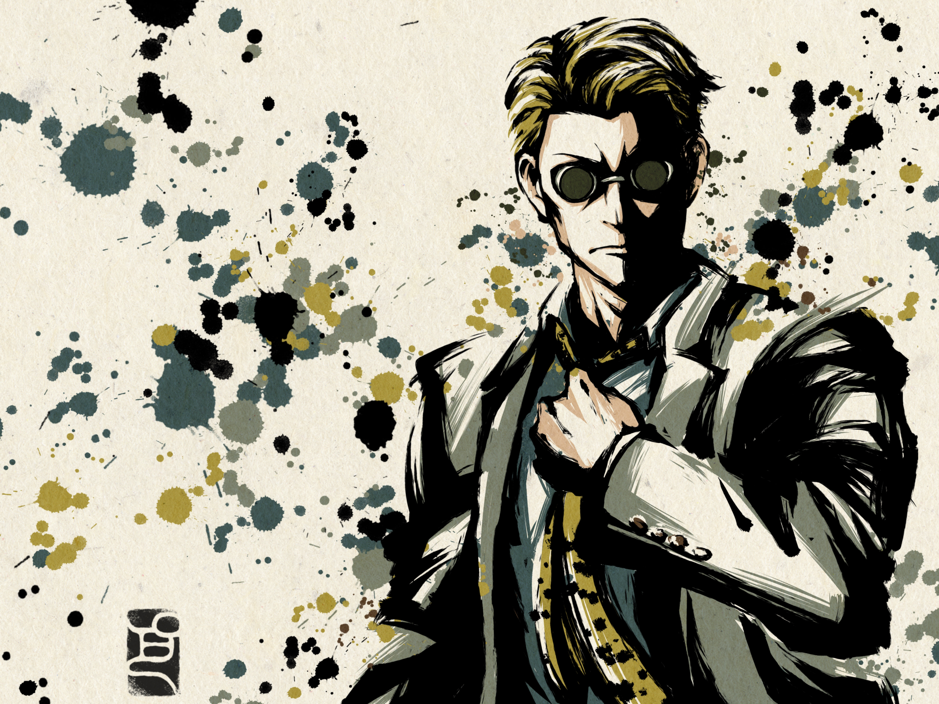 4K Ultra HD anime wallpaper featuring Kento Nanami from Jujutsu Kaisen in a stylish suit, set against a splattered paint background.