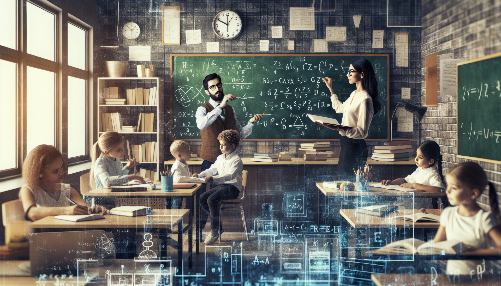 HD wallpaper featuring a classroom scene with a teacher at the blackboard and students at their desks, conveying an engaging educational environment.