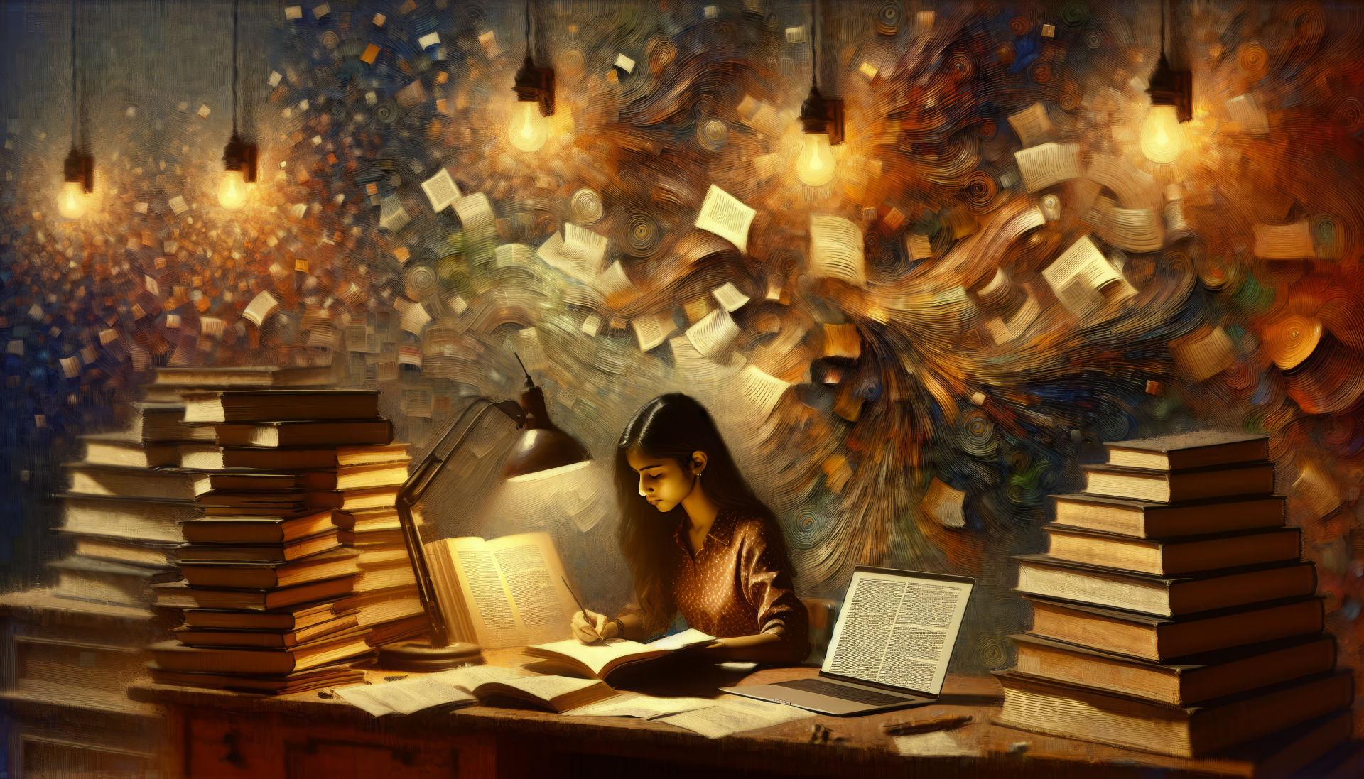 HD desktop wallpaper featuring a student studying amidst piles of books with glowing lights and floating papers in a magical environment.