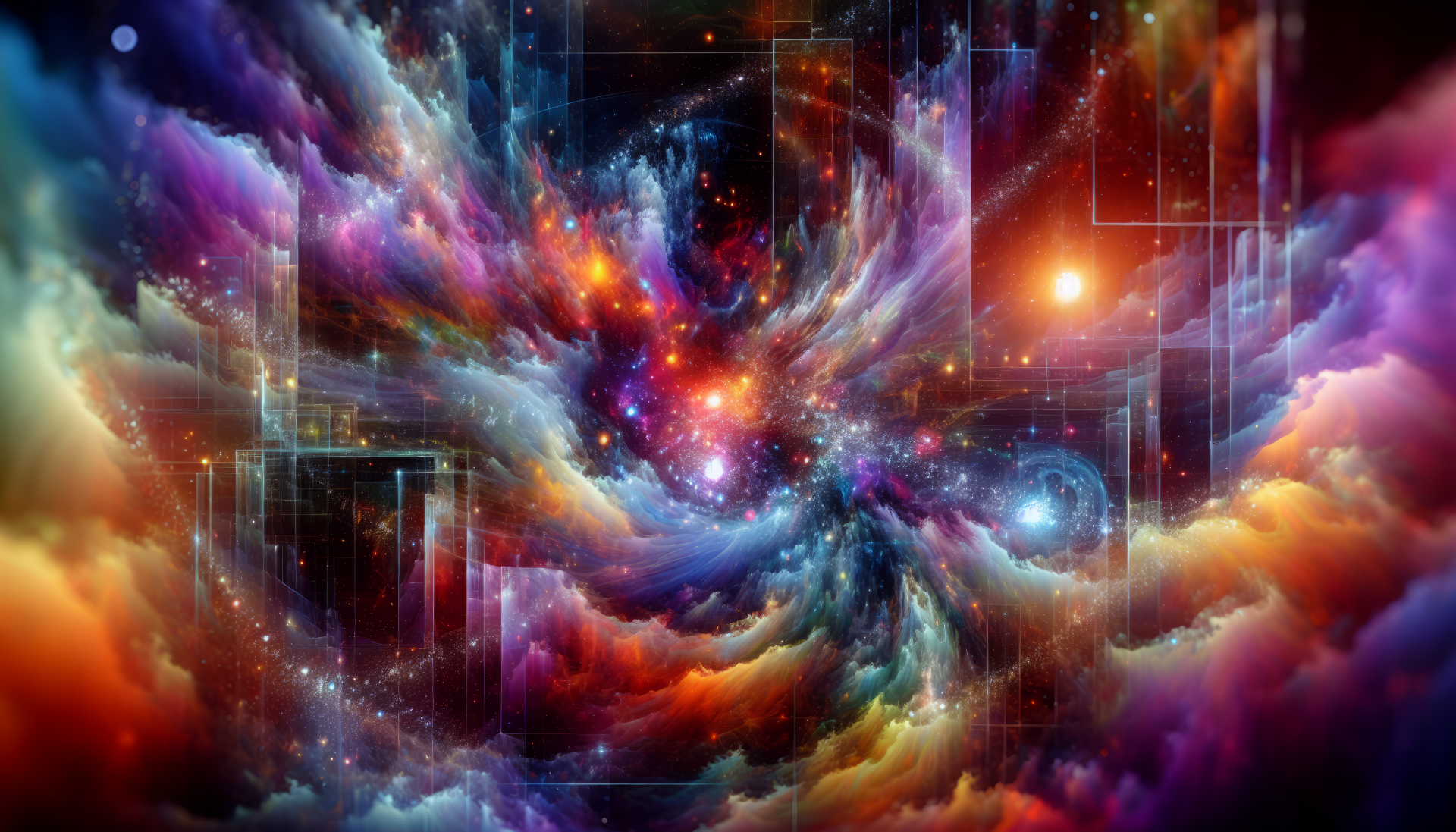 HD Sci-Fi desktop wallpaper featuring a vibrant cosmic explosion with nebulous clouds and futuristic elements.