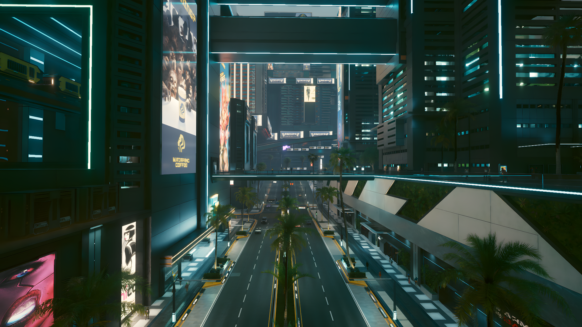 Futuristic cyberpunk cityscape with neon lights and towering skyscrapers, inspired by Cyberpunk 2077, perfect HD desktop wallpaper.