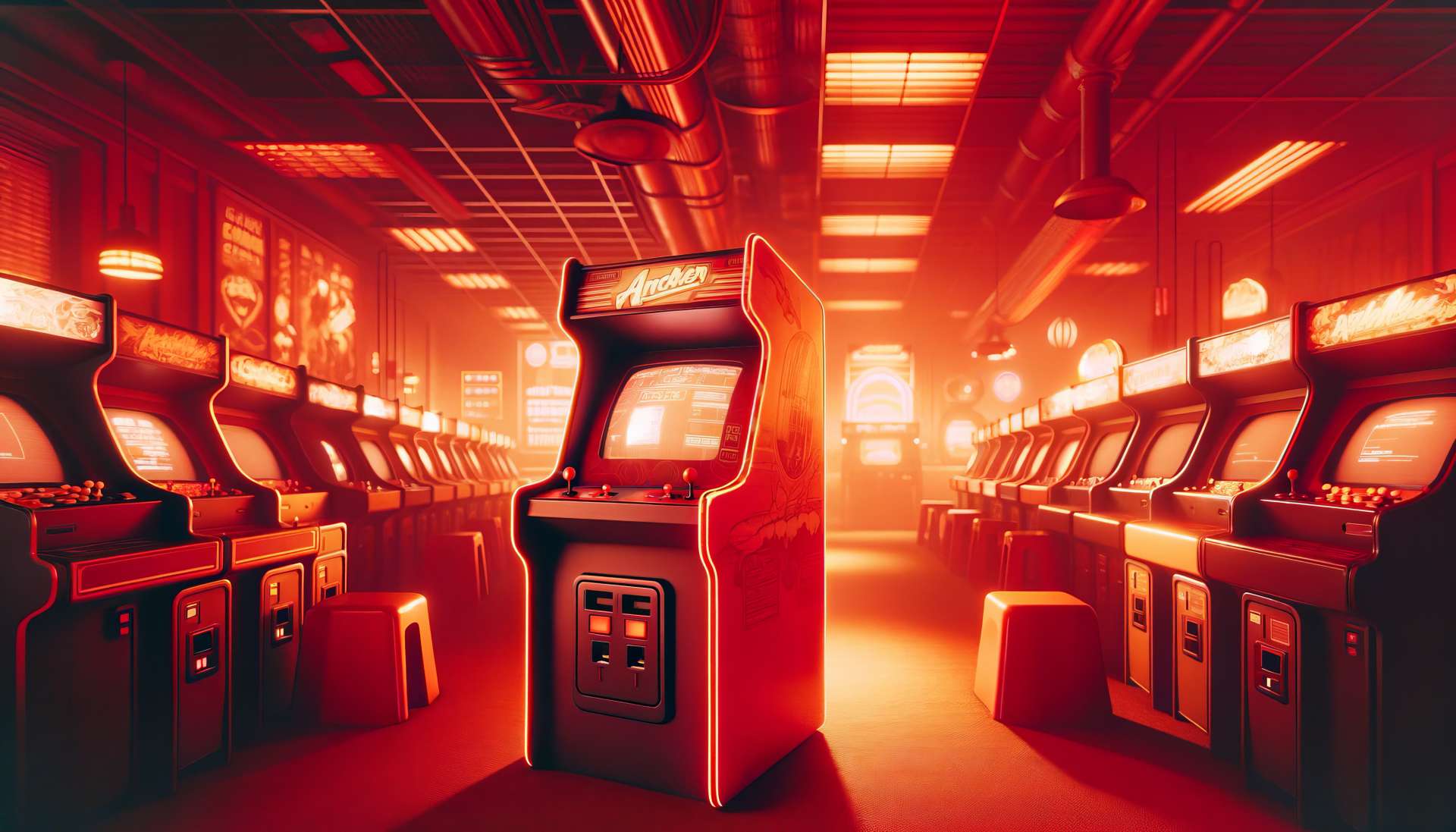 HD desktop wallpaper featuring a vibrant arcade room with rows of arcade machines bathed in a warm, neon glow.
