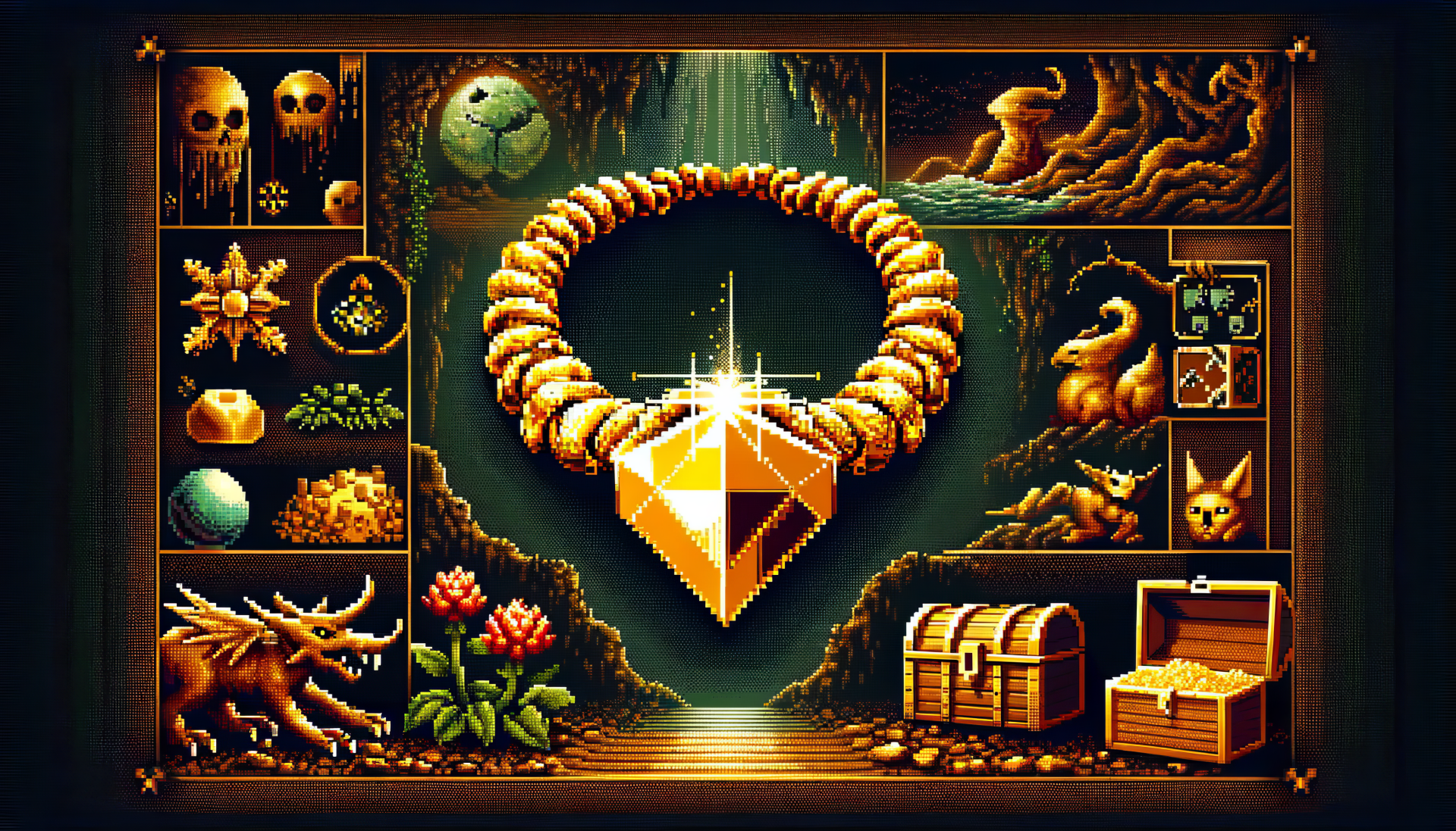 HD desktop wallpaper featuring an artistic rendering of a sparkling gold necklace with various mythical and treasure icons in a dark, enchanting forest setting.