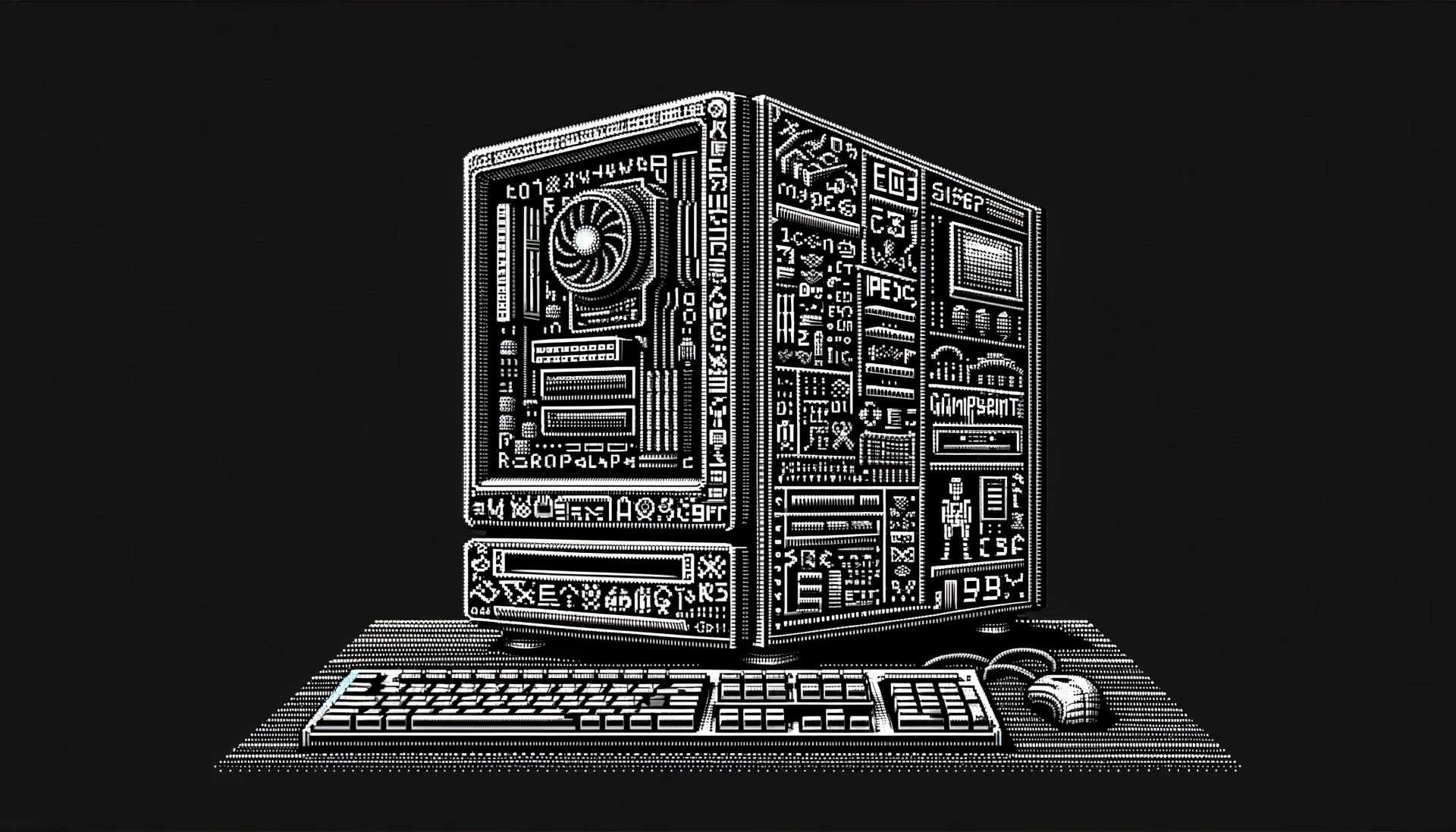 High-definition desktop wallpaper featuring an artistic sketch of a gaming PC setup with monitor, keyboard, and mouse on a black background.
