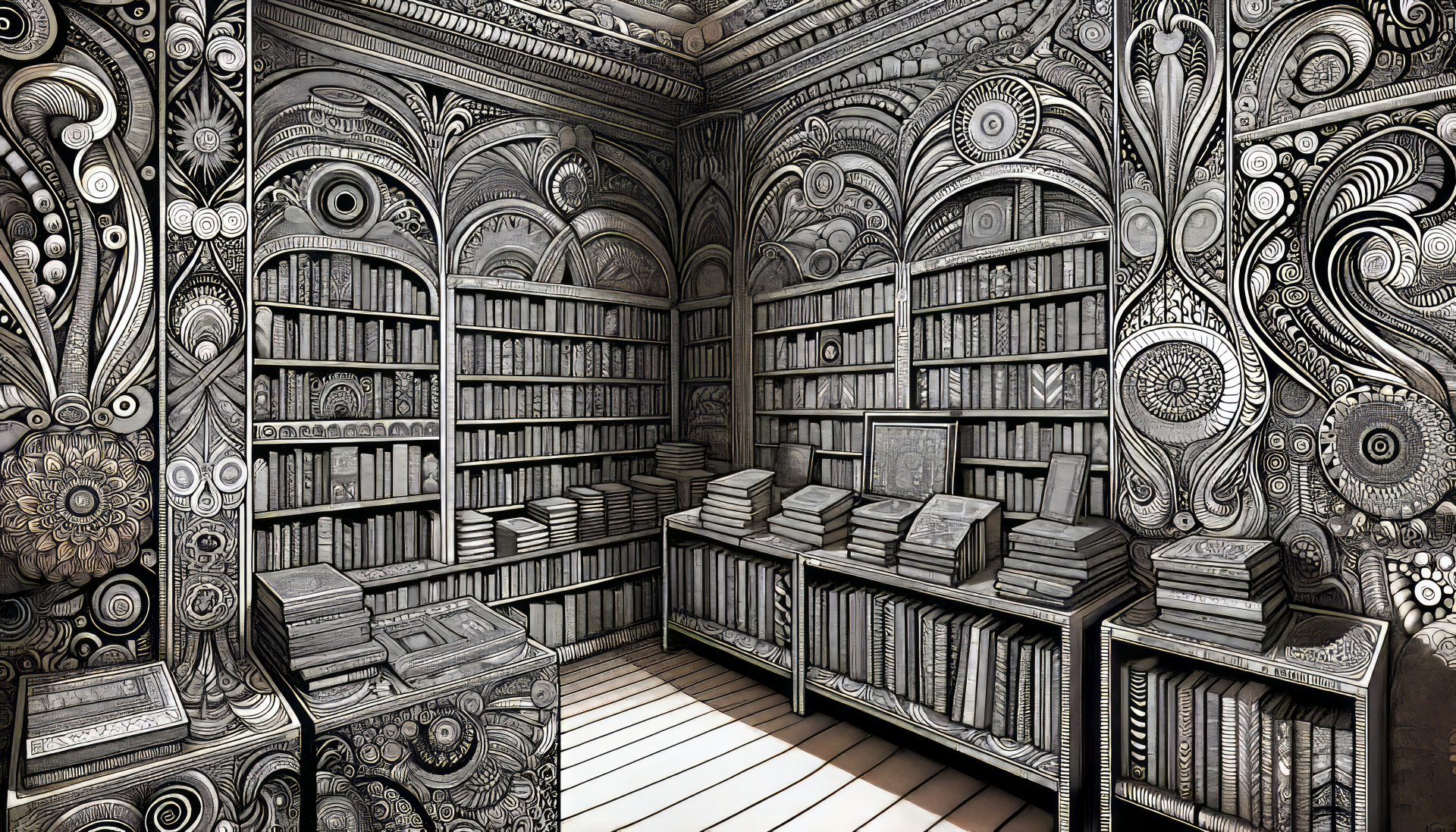 A stunning HD desktop wallpaper featuring an intricate bookstore interior, with detailed shelves filled with books and ornate patterns adorning the walls and ceiling.