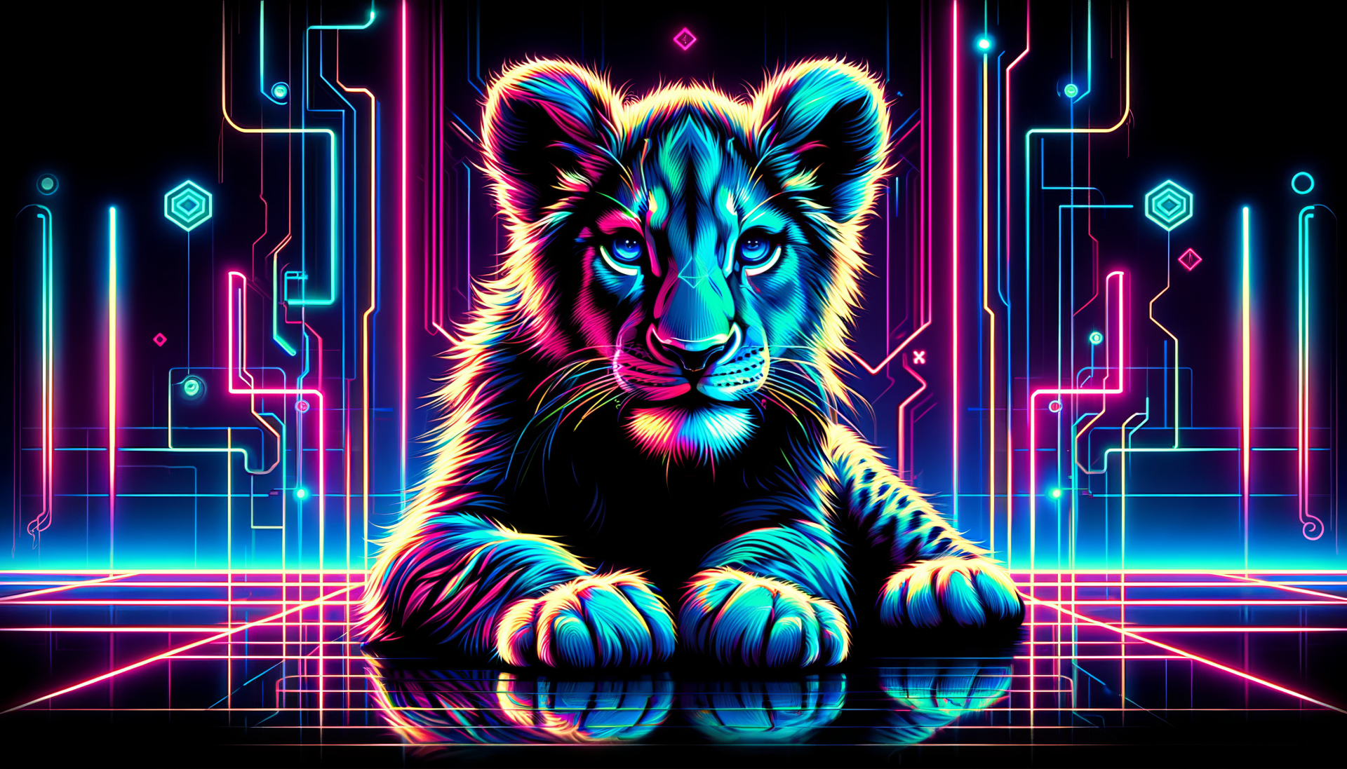 Neon glowing lion cub HD wallpaper with a futuristic circuit background for desktop.