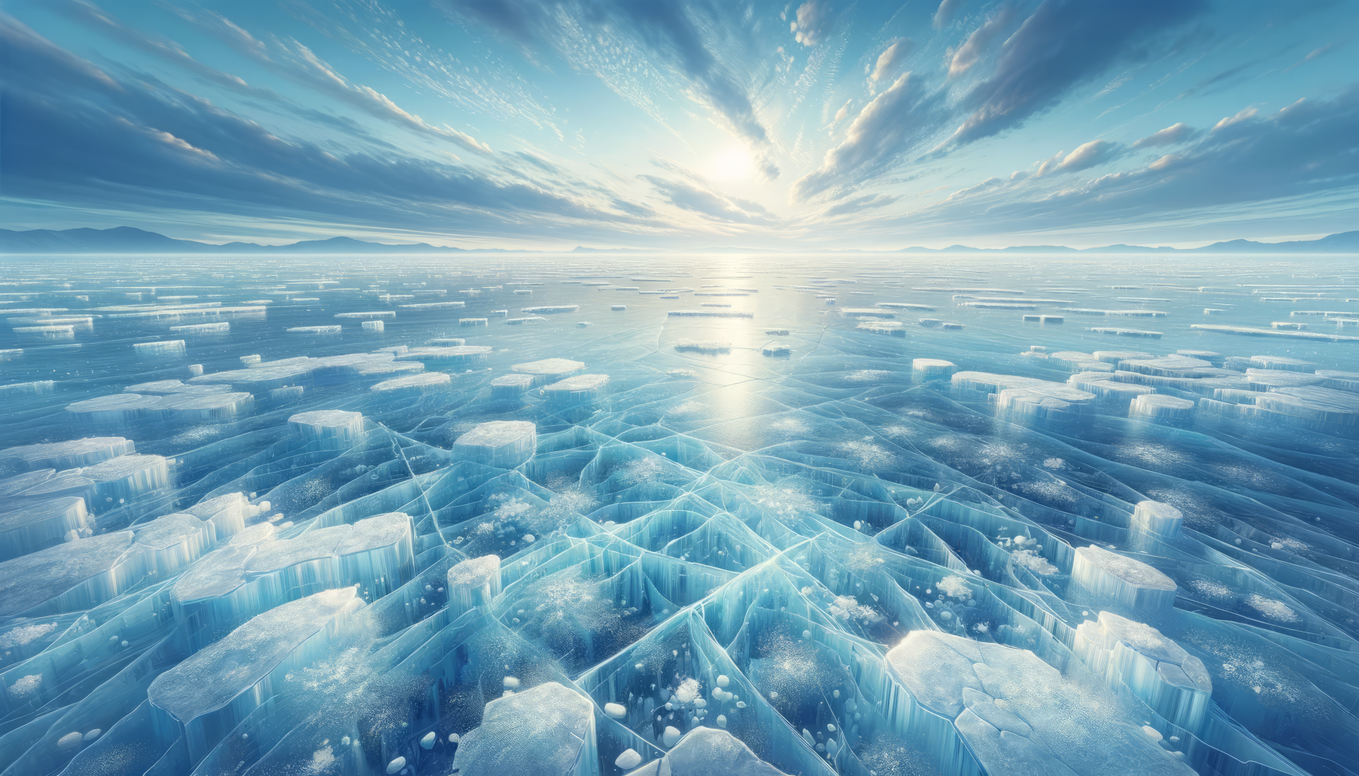 HD wallpaper featuring a stunning sea ice landscape with a radiant sunrise and crystal clear blue ice formations.