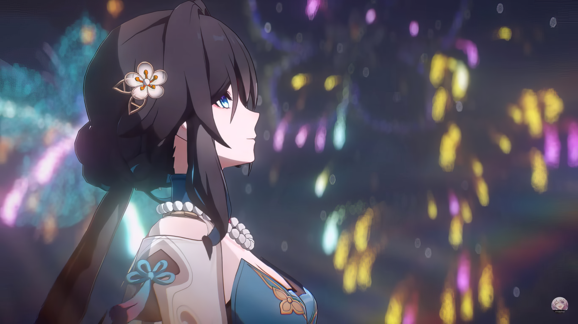 Honkai: Star Rail character Ruan Mei in a contemplative pose with a sparkling cosmic backdrop, HD desktop wallpaper from video game series similar to Genshin Impact.