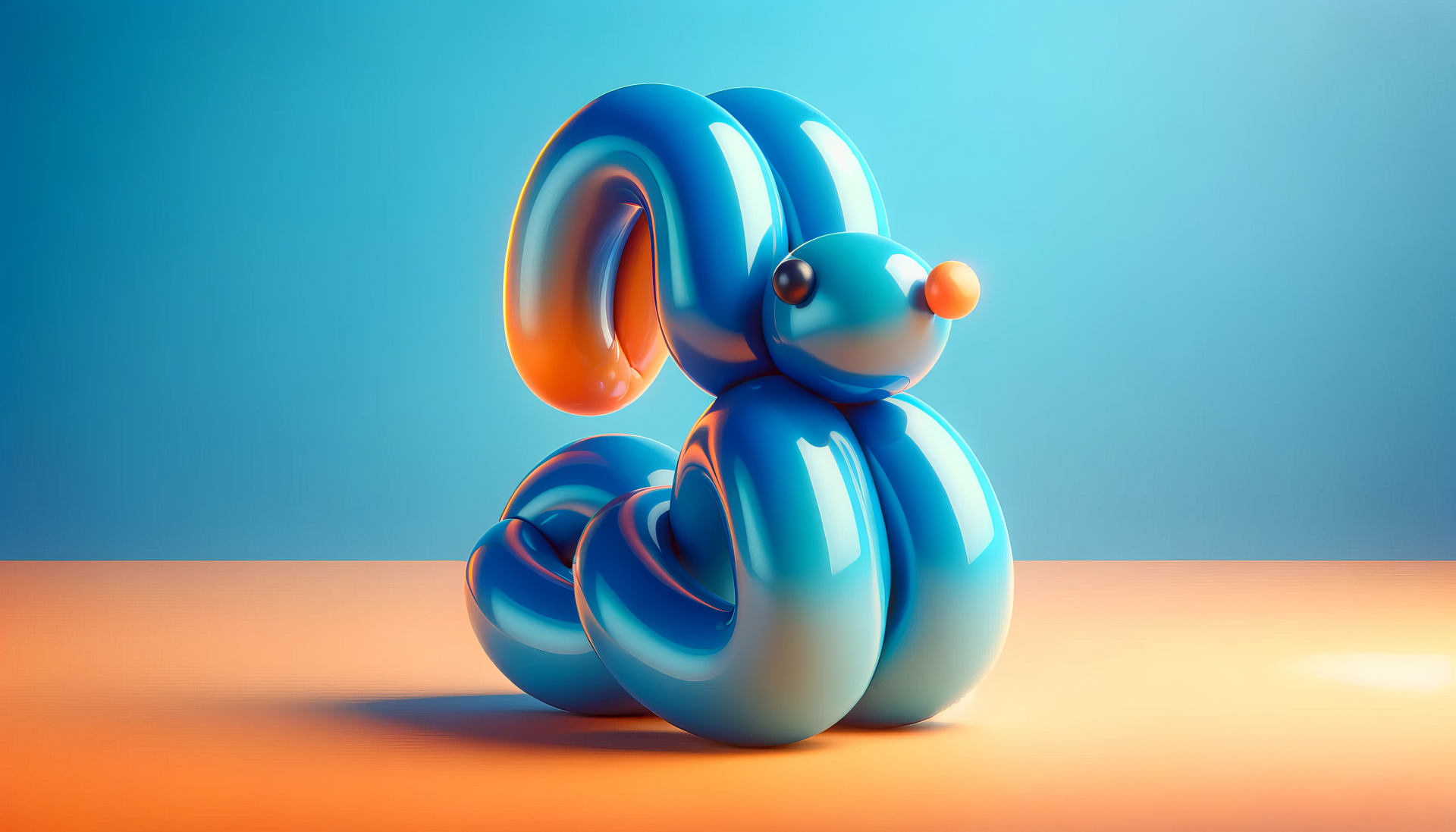 A vibrant blue balloon animal shaped like a dog, set against a gradient background of orange and blue, creating an engaging HD desktop wallpaper.