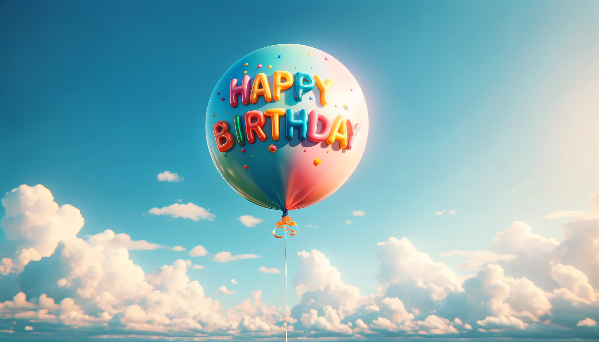 A colorful birthday balloon with the message Happy Birthday floats against a bright blue sky, surrounded by fluffy clouds, creating a cheerful and celebratory atmosphere.