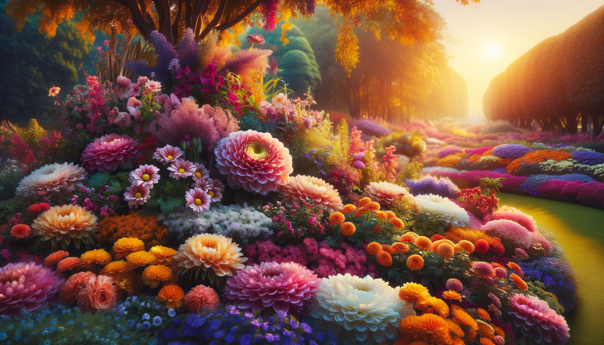 A vibrant flower garden bursts with a variety of blooming flowers, creating a stunning flower bed against a picturesque sunset backdrop, serving as a captivating HD desktop wallpaper.