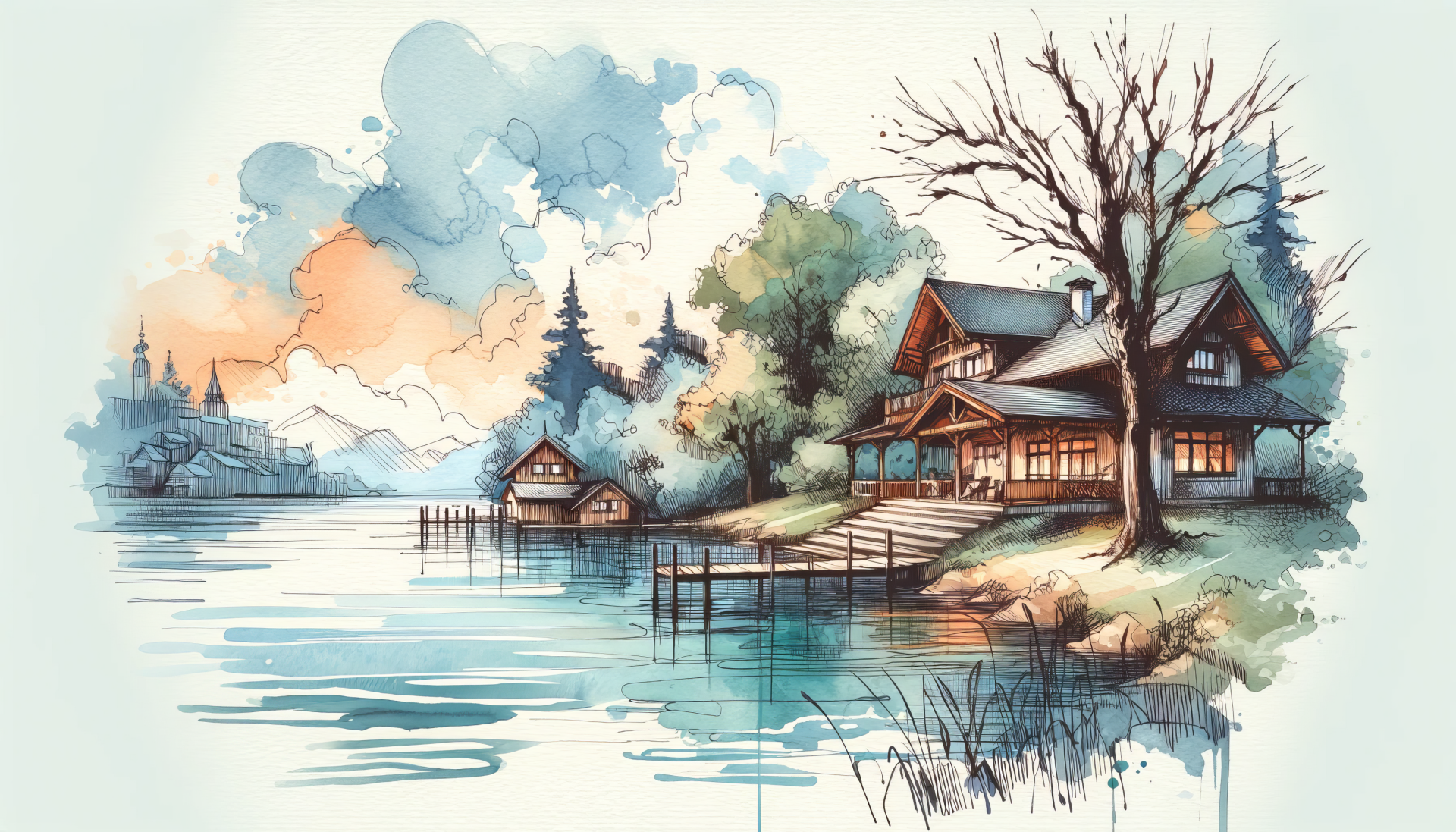 A serene lake house surrounded by lush trees and gentle waters, with a tranquil atmosphere and a beautiful sunset sky, captured in a stunning HD wallpaper.