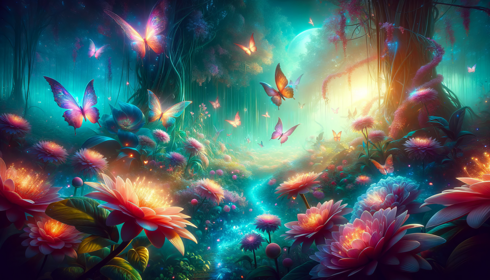 HD wallpaper of a vibrant butterfly garden with colorful flowers and butterflies fluttering under a moonlit sky.